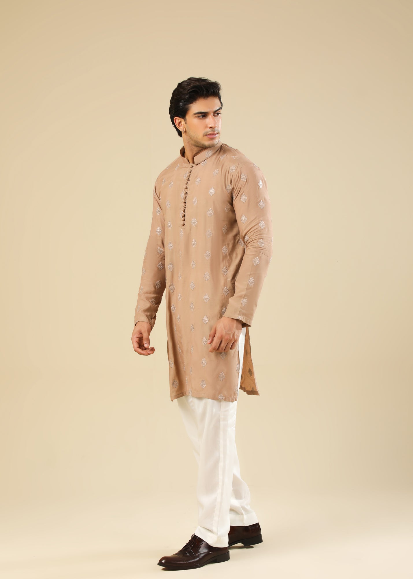 Mehrab - Sandstone Raw Silk Embroidered Kurta Trouser - Men