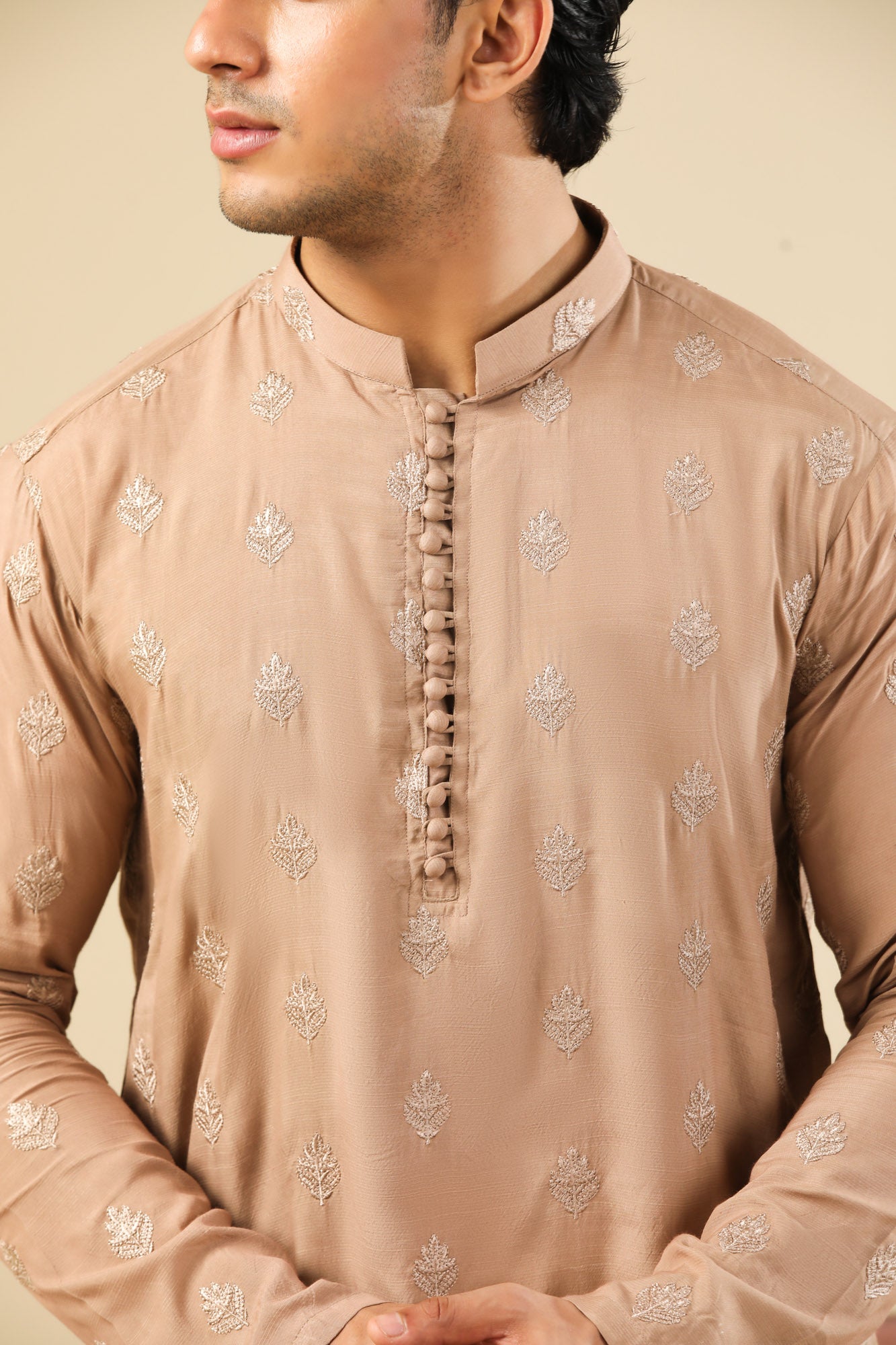 Mehrab - Sandstone Raw Silk Embroidered Kurta Trouser - Men
