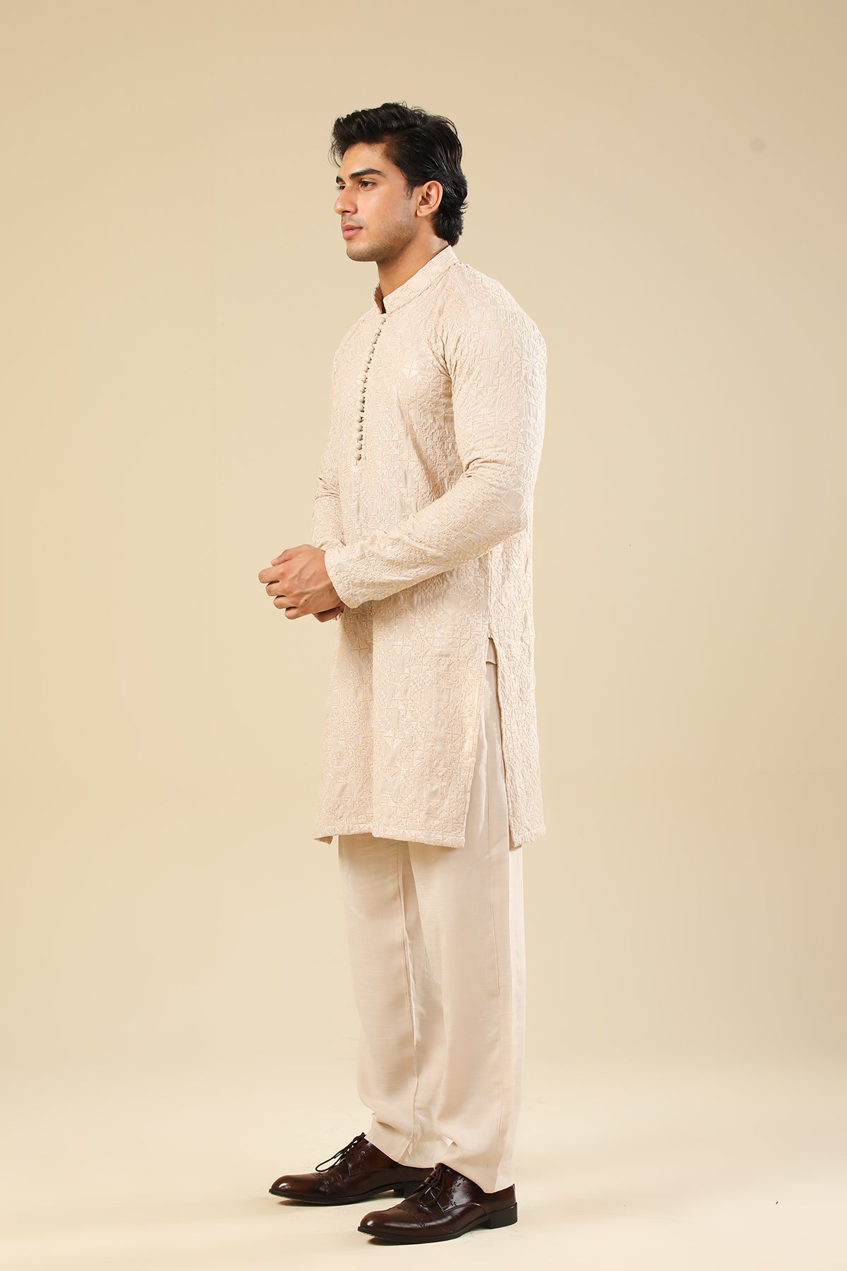 Tabir - Beige Raw Silk Embroidered Kurta Trouser - Men
