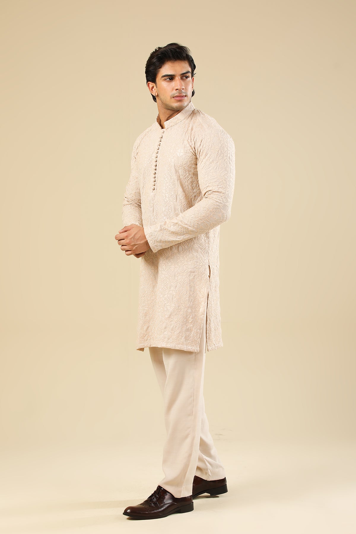 Tabir - Beige Raw Silk Embroidered Kurta Trouser - Men