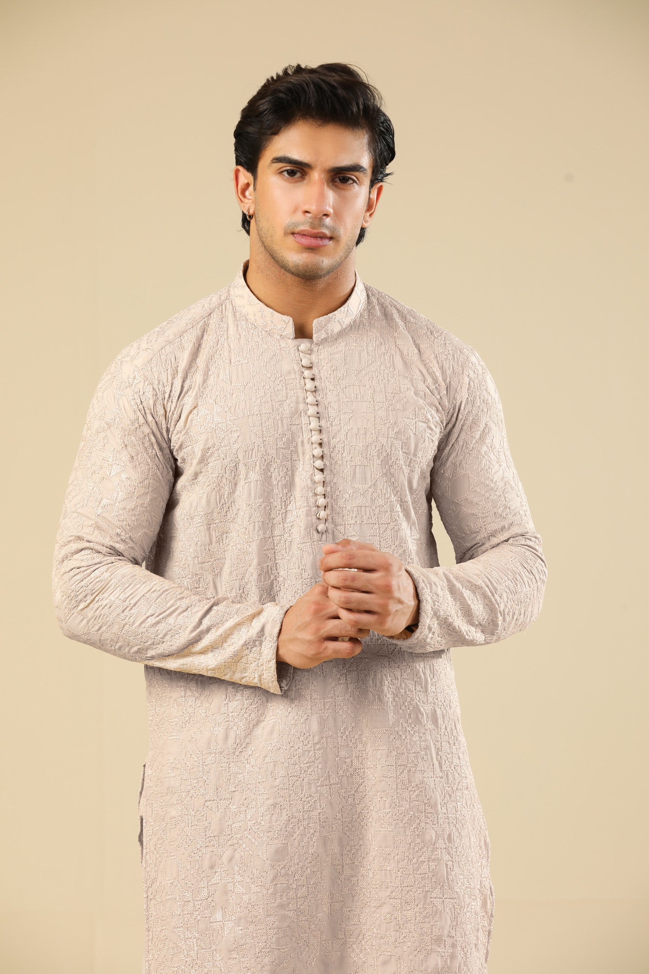 Tabir - Beige Raw Silk Embroidered Kurta Trouser - Men