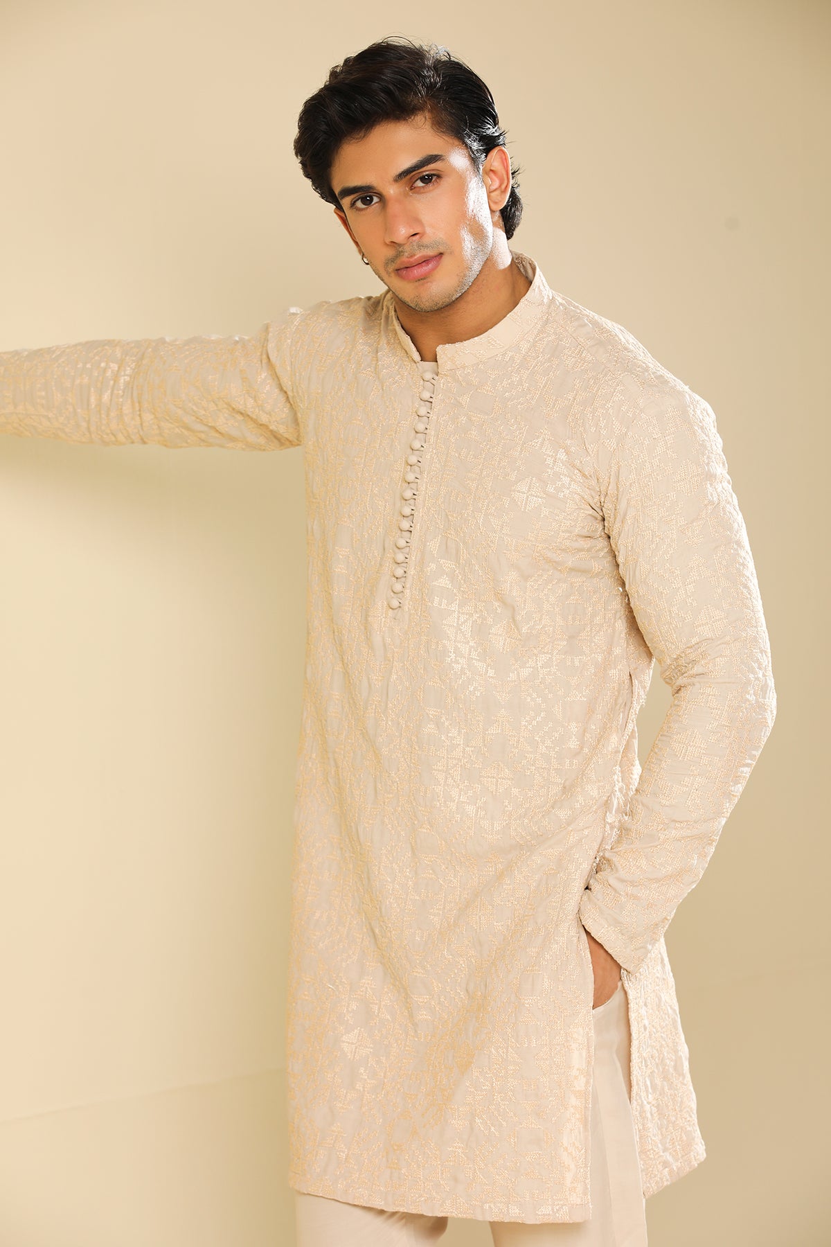 Tabir - Beige Raw Silk Embroidered Kurta Trouser - Men