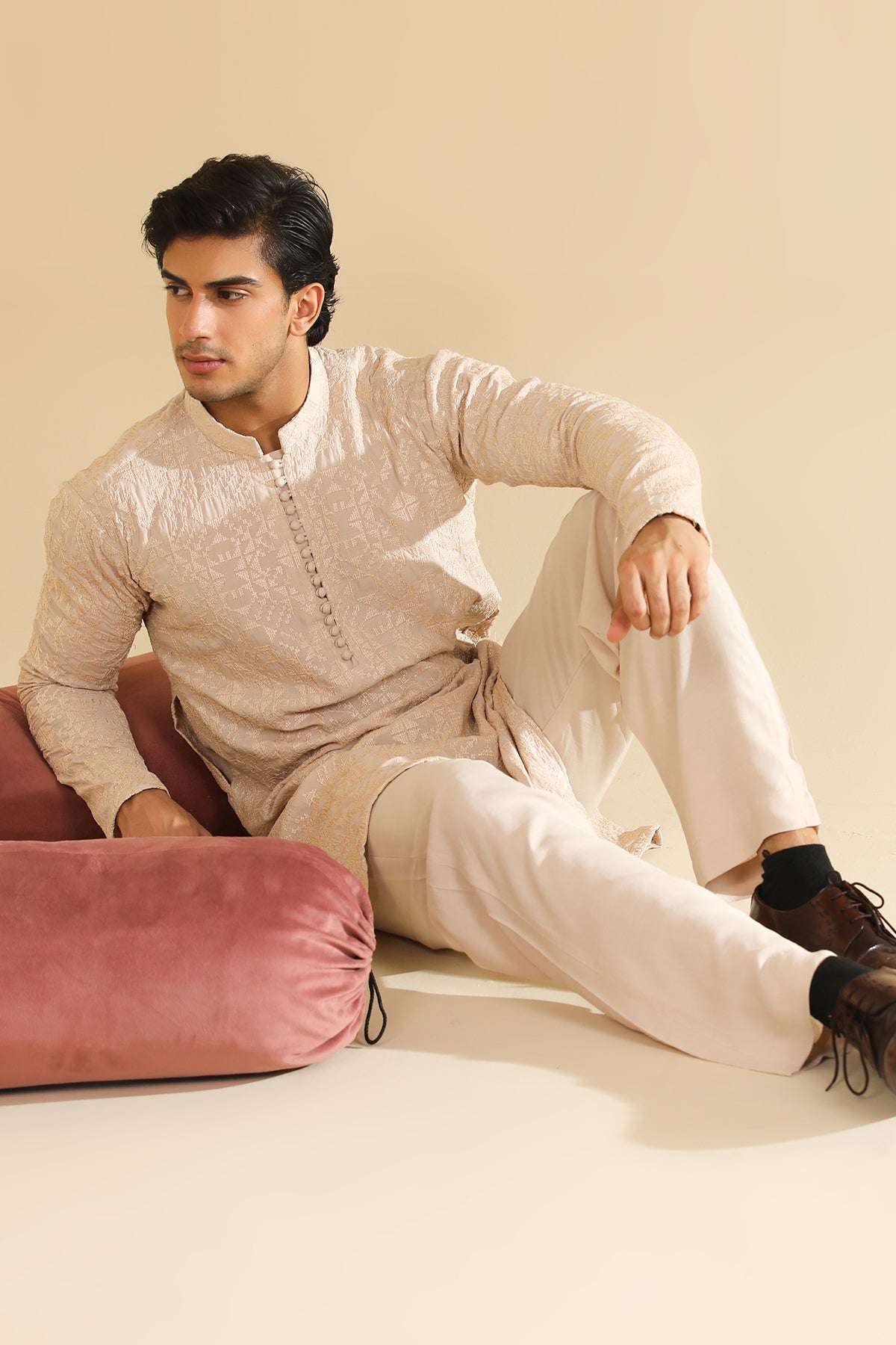 Tabir - Beige Raw Silk Embroidered Kurta Trouser - Men