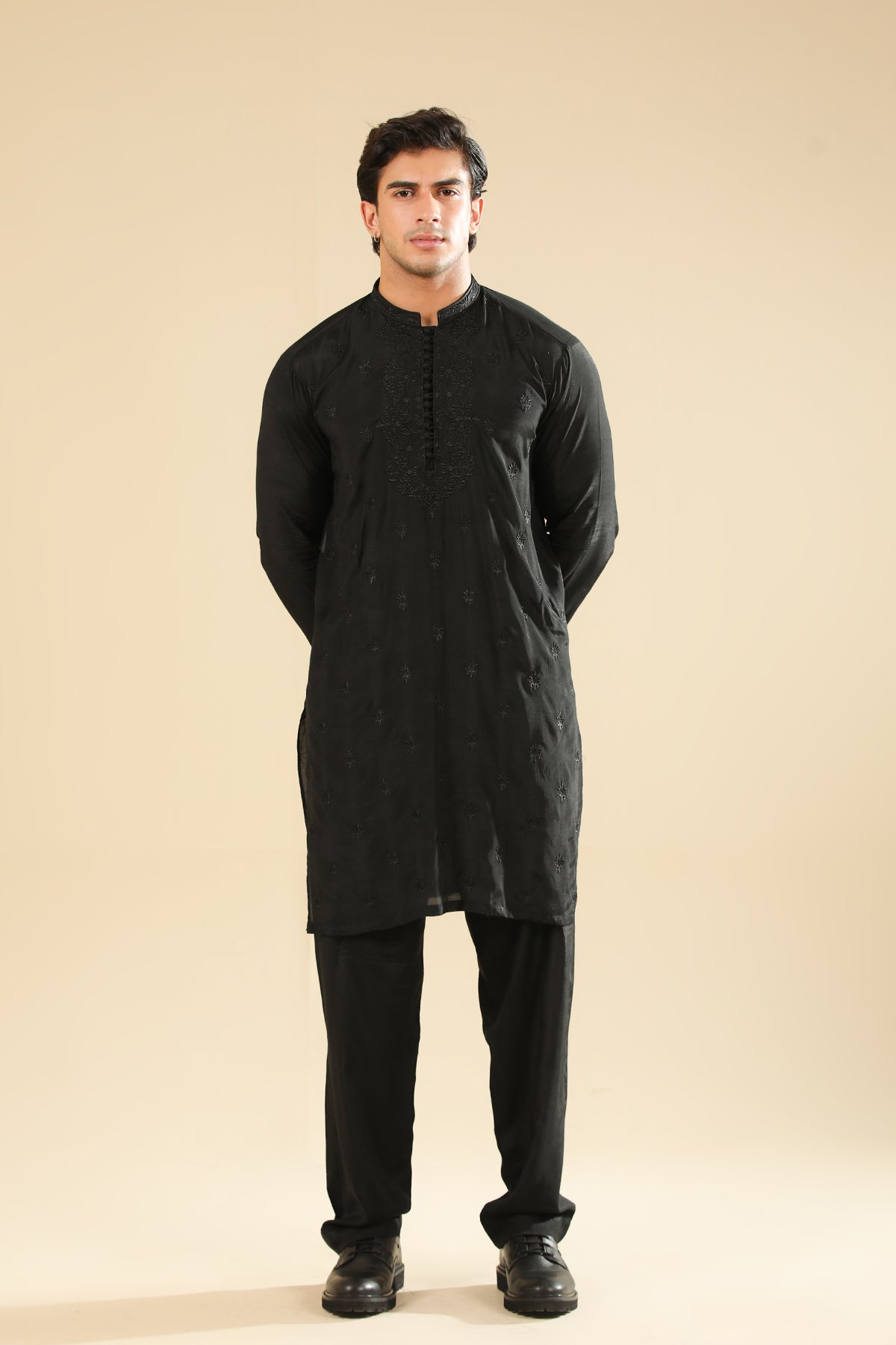 Adab - Black Motif Raw Silk Embroidered Kurta Trouser - Men