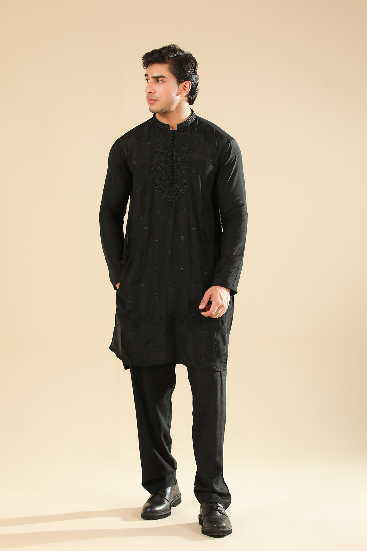Adab - Black Motif Raw Silk Embroidered Kurta Trouser - Men