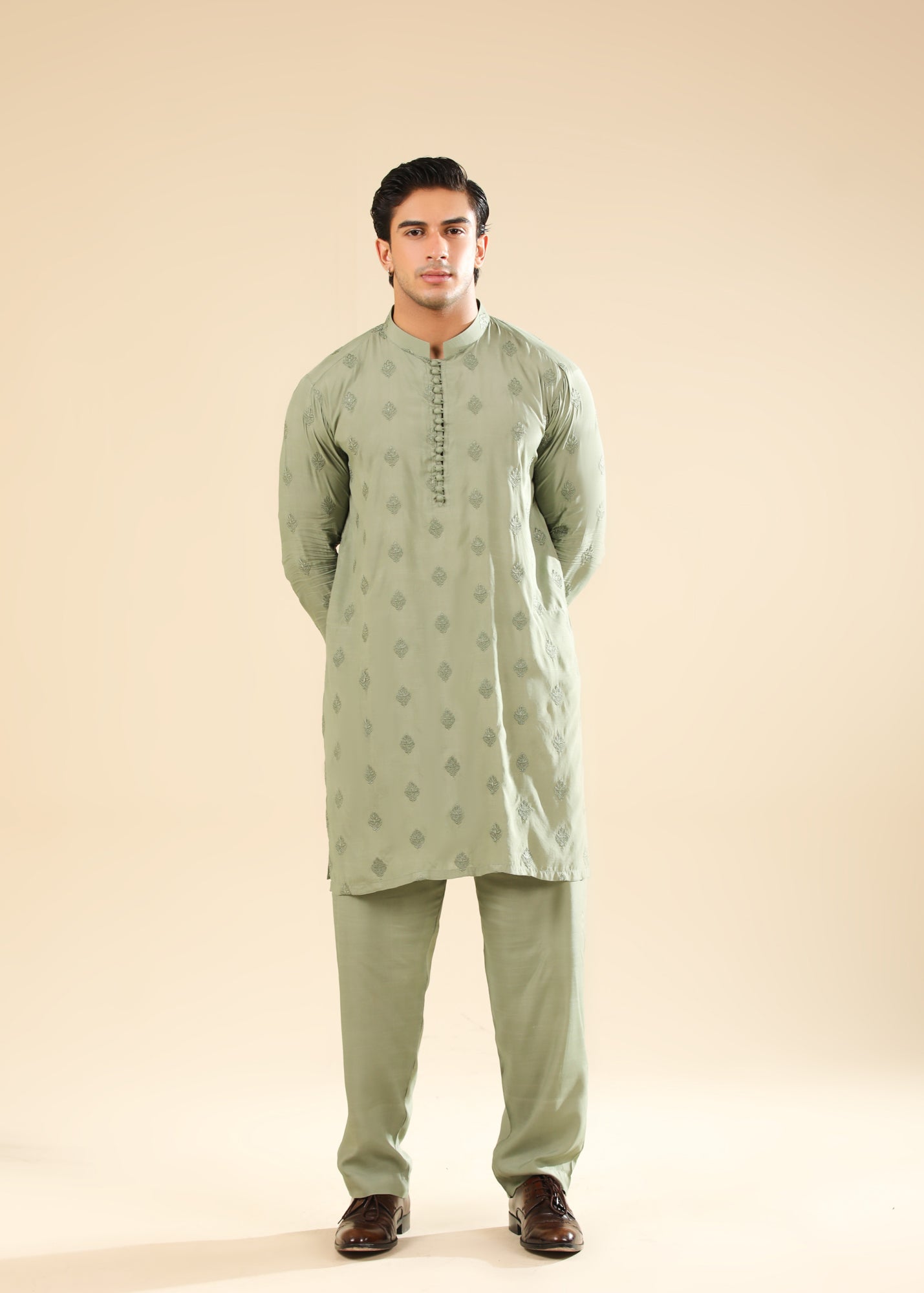 Bahaar - Mint Raw Silk Embroidered Kurta Trouser - Men