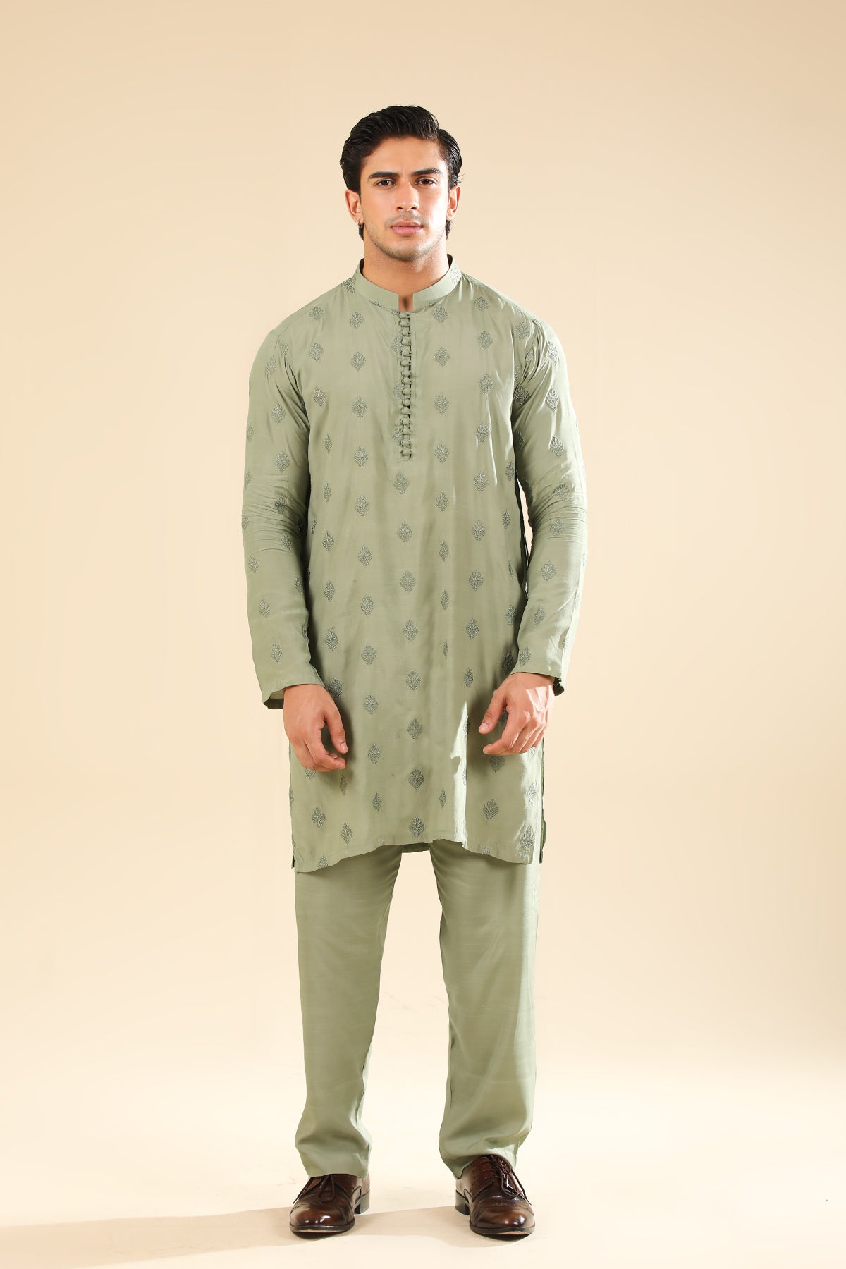 Bahaar - Mint Raw Silk Embroidered Kurta Trouser - Men