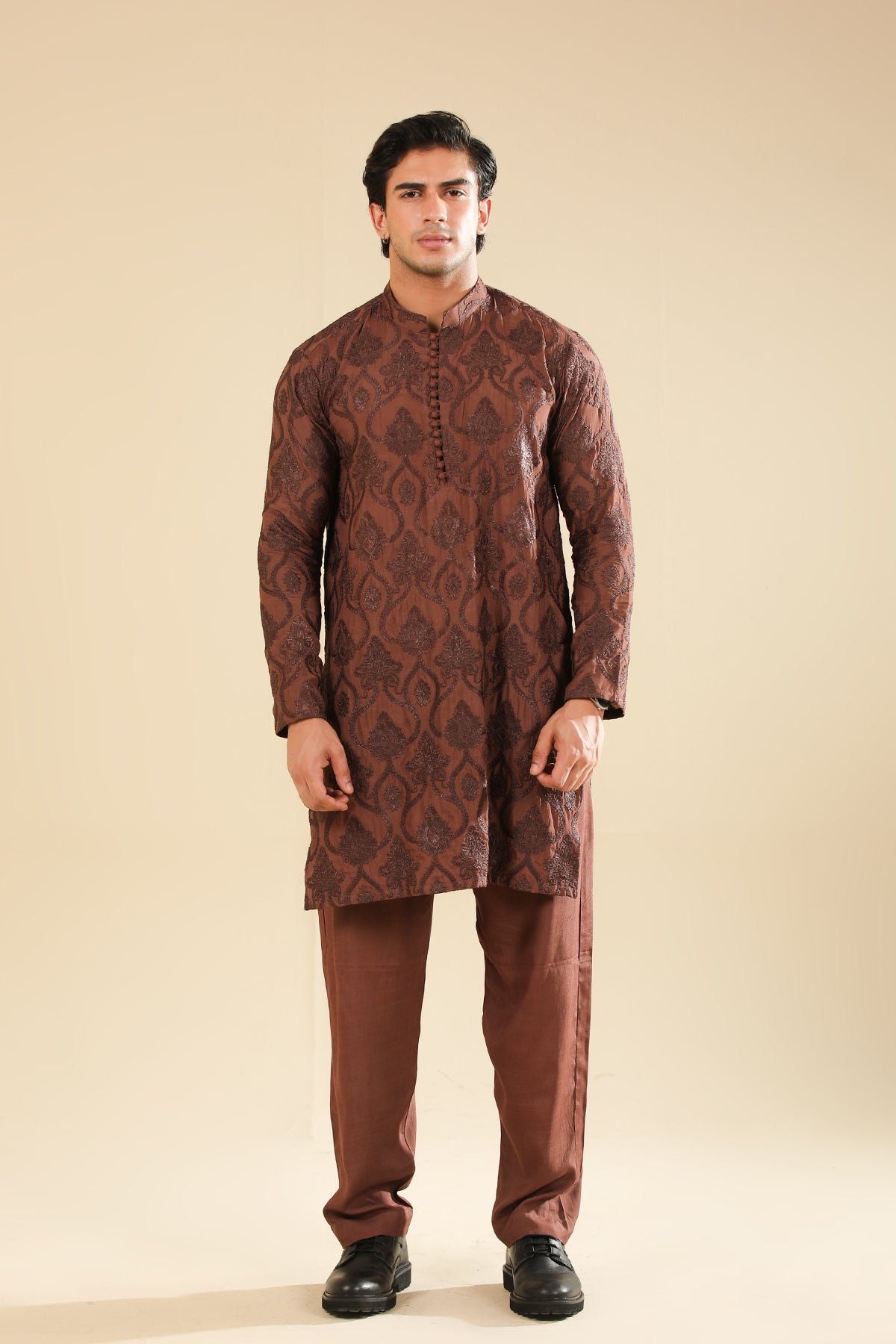 Faris - Cocoa Brown Raw Silk Embroidered Kurta Trouser - Men