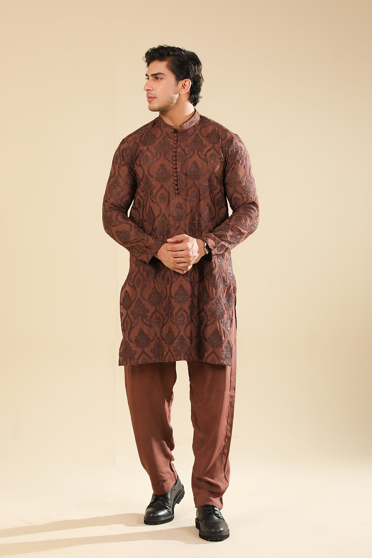Faris - Cocoa Brown Raw Silk Embroidered Kurta Trouser - Men