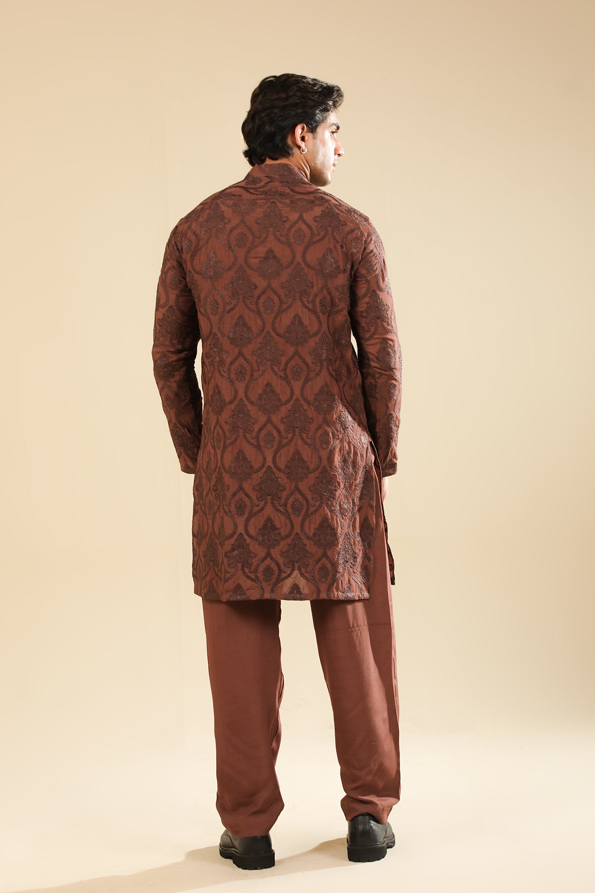 Faris - Cocoa Brown Raw Silk Embroidered Kurta Trouser - Men