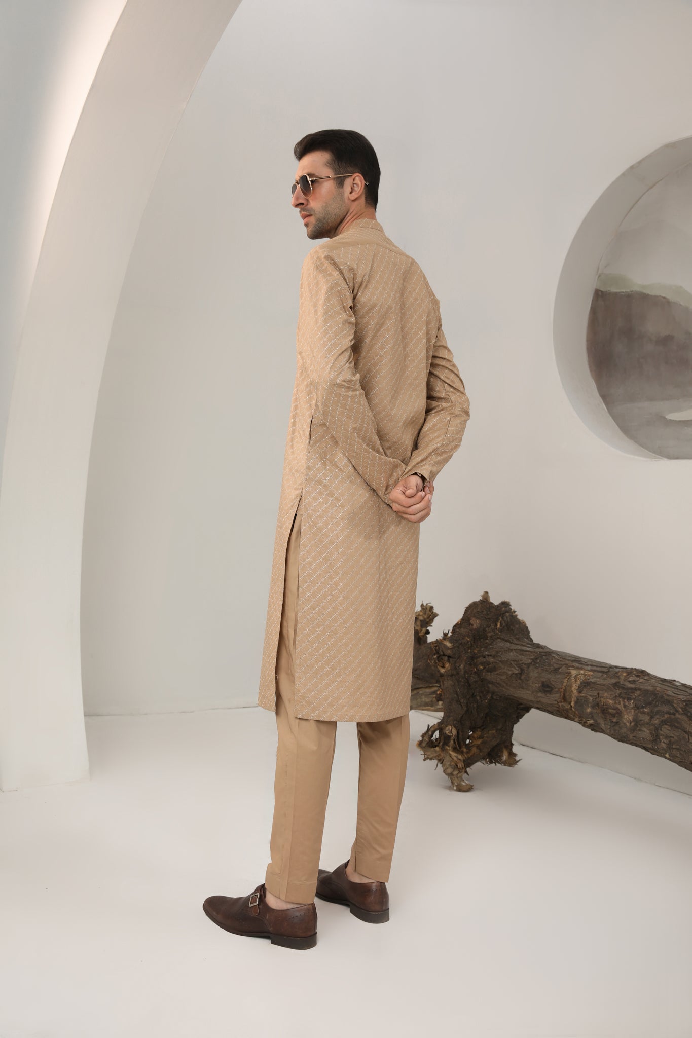 Camel Cotton Embroidered Kurta Trouser - Men