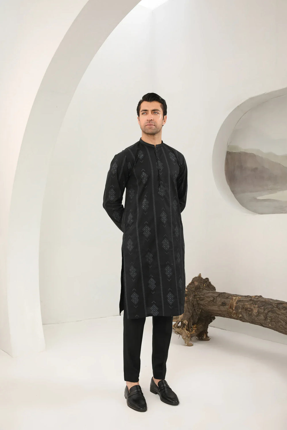 Muraqsh Ready To Wear Embroidered Cotton Men Black Kurta Trouser with Falling Arrow Waistcoat MUR-BKTWF - Summer Collection