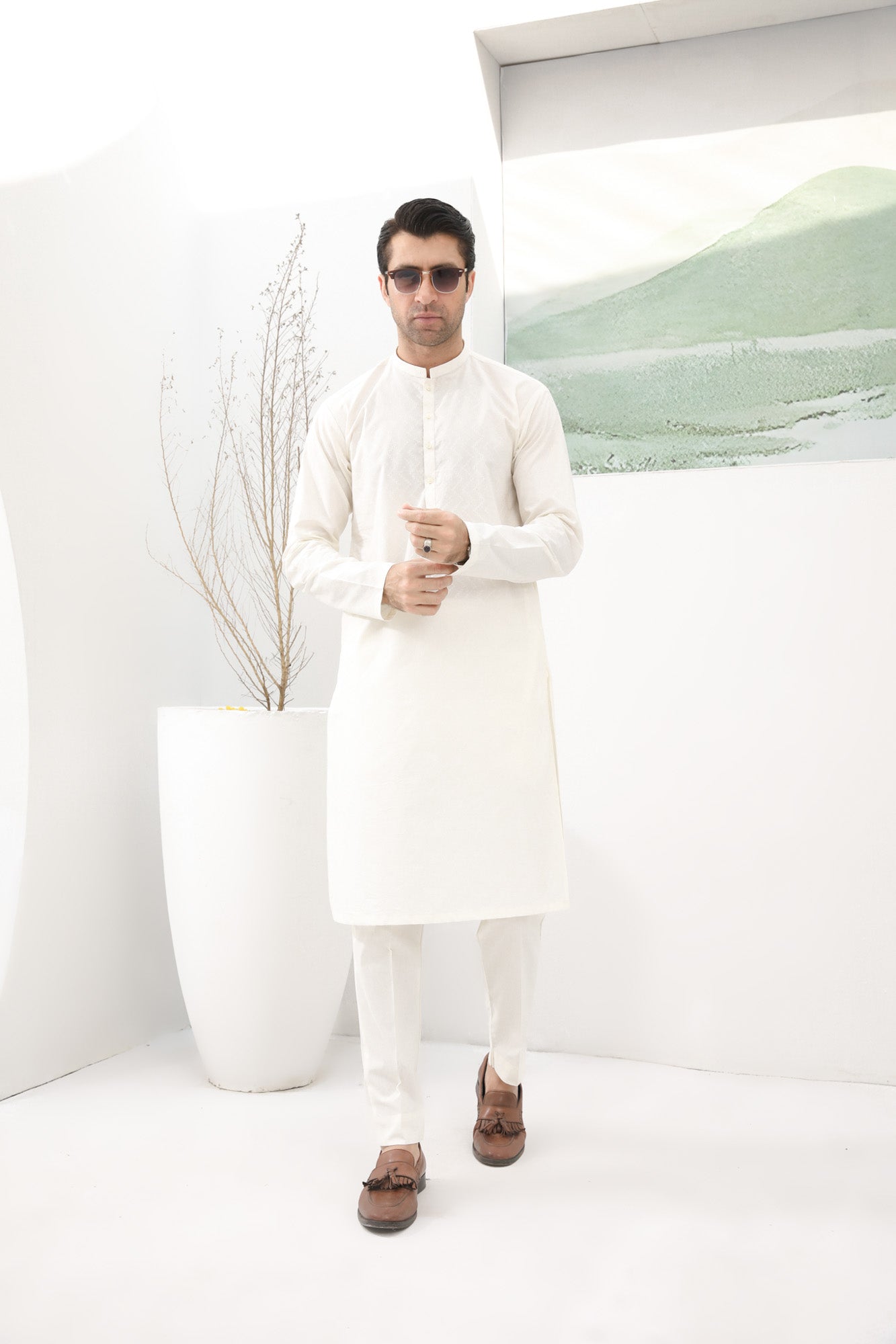 Off White Cotton Embroidered Kurta Trouser - Men