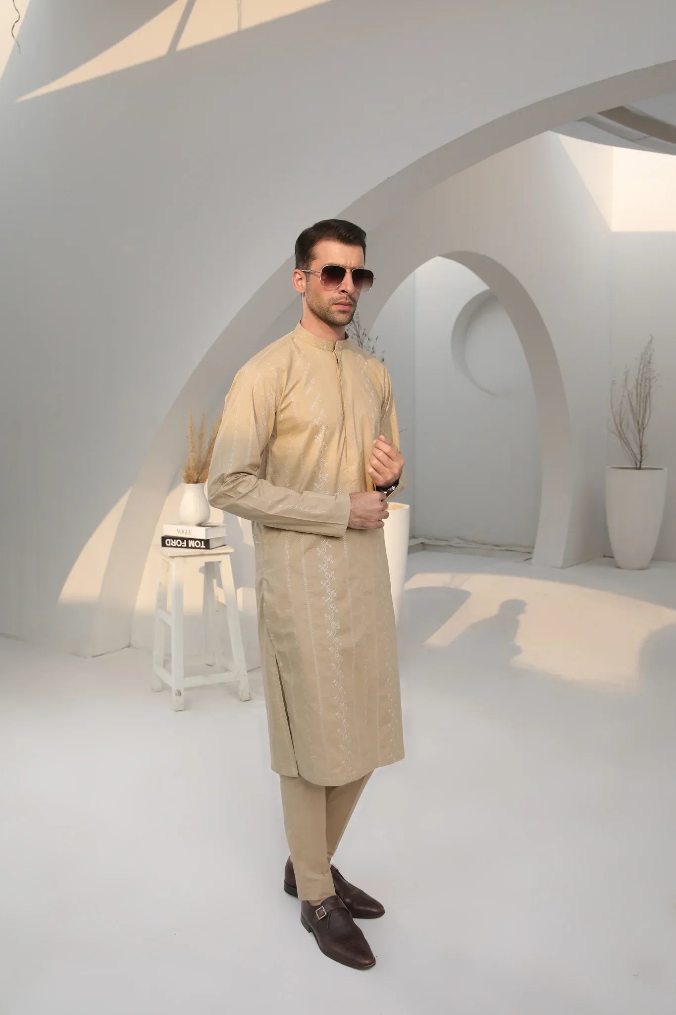 Muraqsh Ready To Wear Embroidered  Men Army Green Cotton Embroidered Kurta Trouser MUR-AGECK - Summer Collection