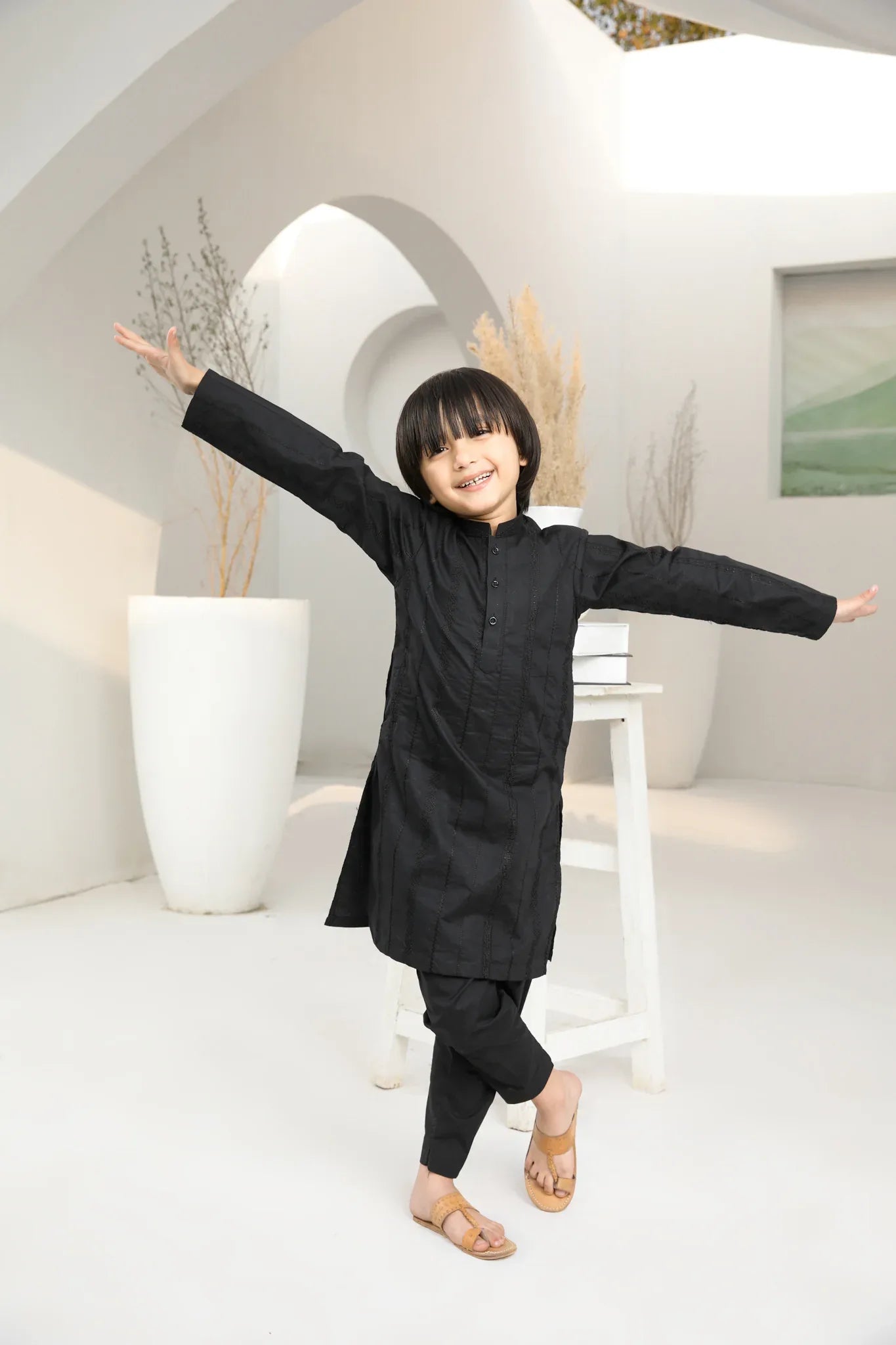 Muraqsh Ready To Wear Embroidered Cotton Men Black Loop Kurta Trouser with Falling Arrow Sequin Open Prince Coat ABD-BLKTW - Summer Collection