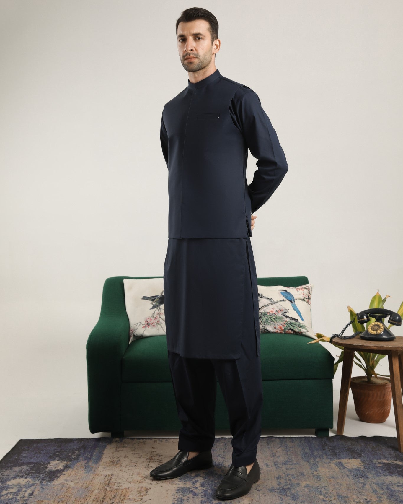Dark Navy Blue Soft Cotton Kurta Shalwar with Waistcoat - Men