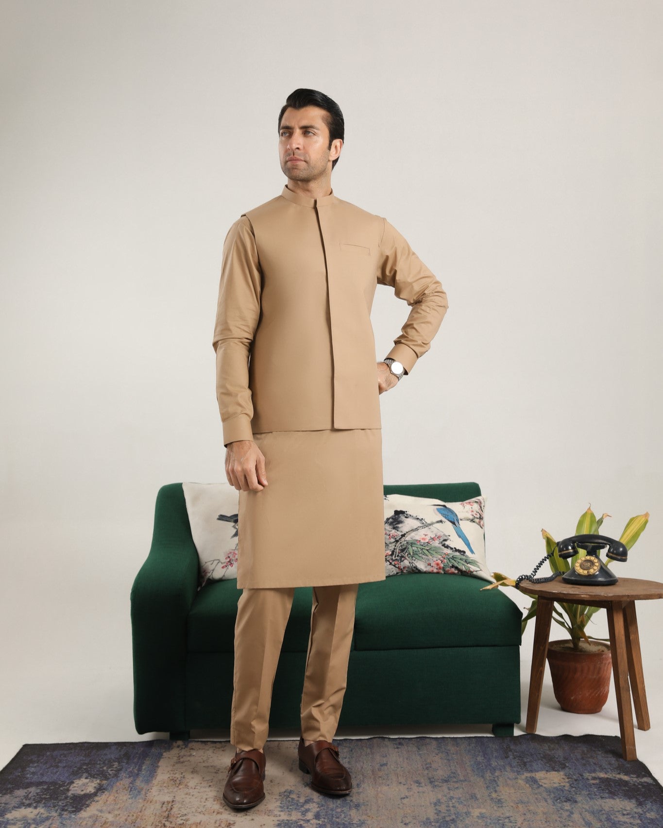 Camel Cotton Soft Kurta Trouser with Waistcoat - Men