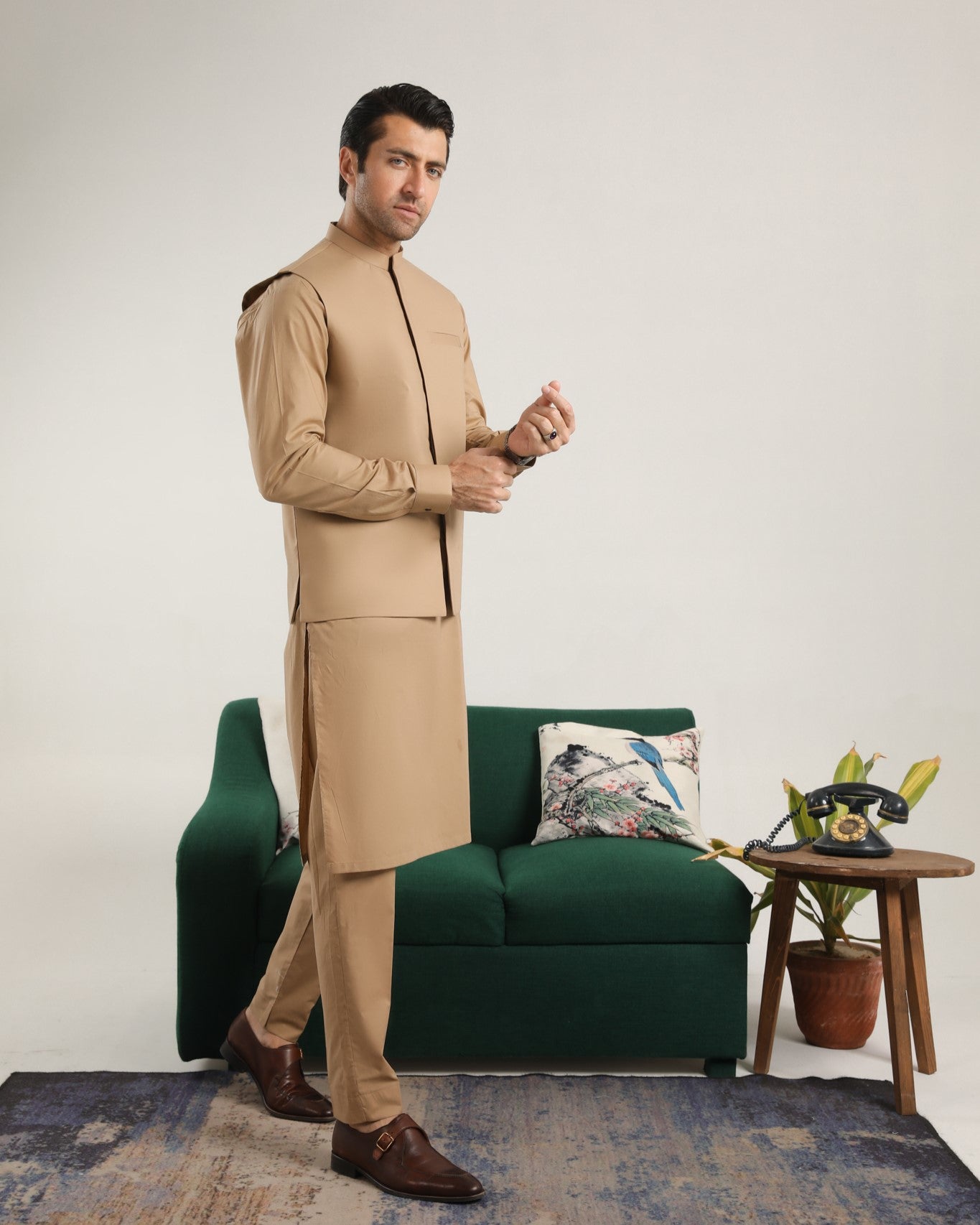 Camel Cotton Soft Kurta Trouser with Waistcoat - Men
