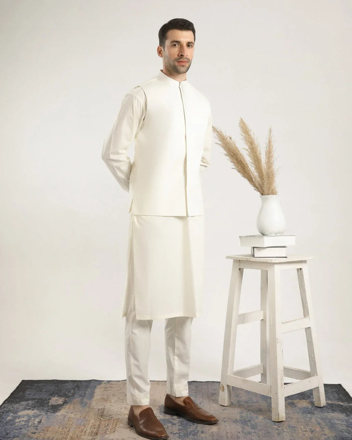 Muraqsh Ready To Wear Solids Bosky Men Bosky White Kurta Trouser with Blue Gold Jamawar Waistcoat MUR-BWKTW - Summer Collection