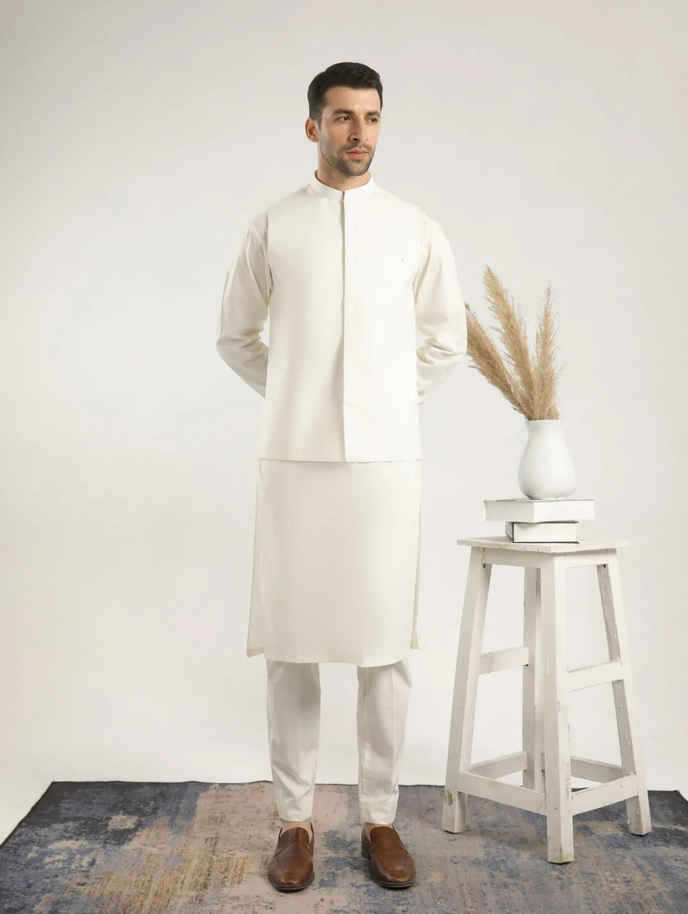Muraqsh Ready To Wear Solids Bosky Men Bosky White Kurta Shalwar with Army Green Suiting Waistcoat Straight Cut MUR-BWKSW-KT - Summer Collection