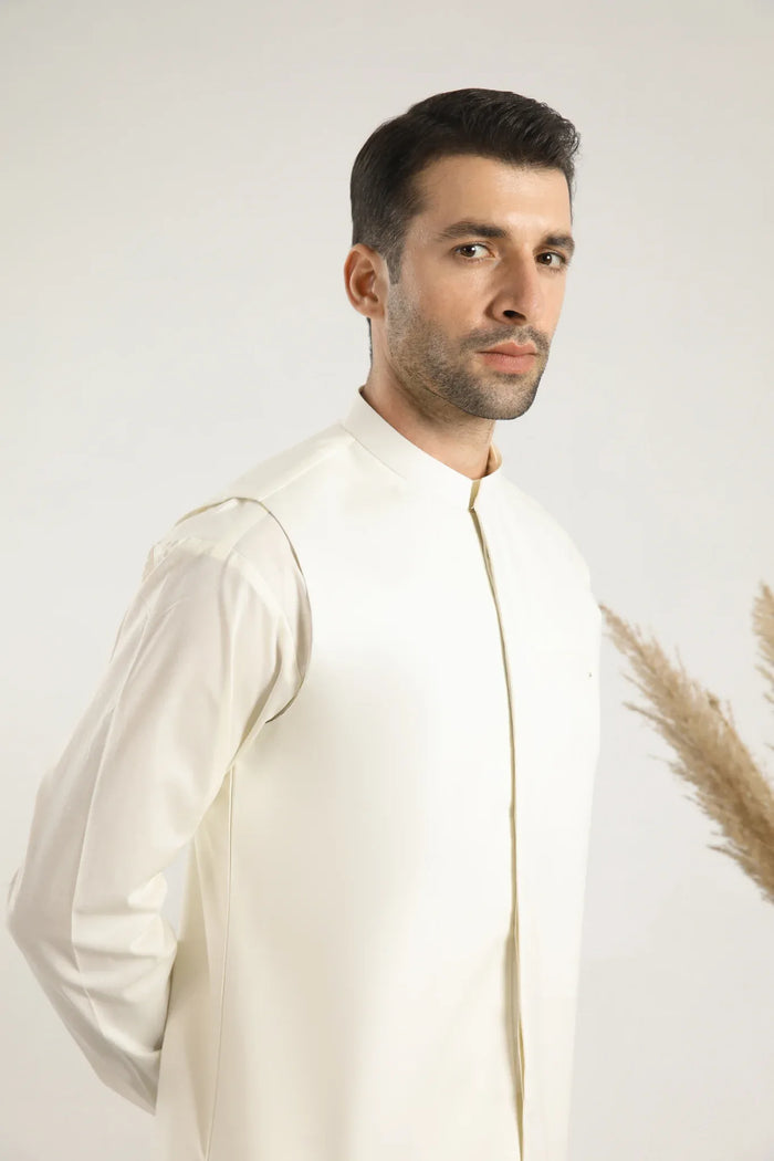 Muraqsh Ready To Wear Embroidered Bosky Men Bosky White Kurta Trouser with Falling Prince Coat ABD-BWKTW - Summer Collection