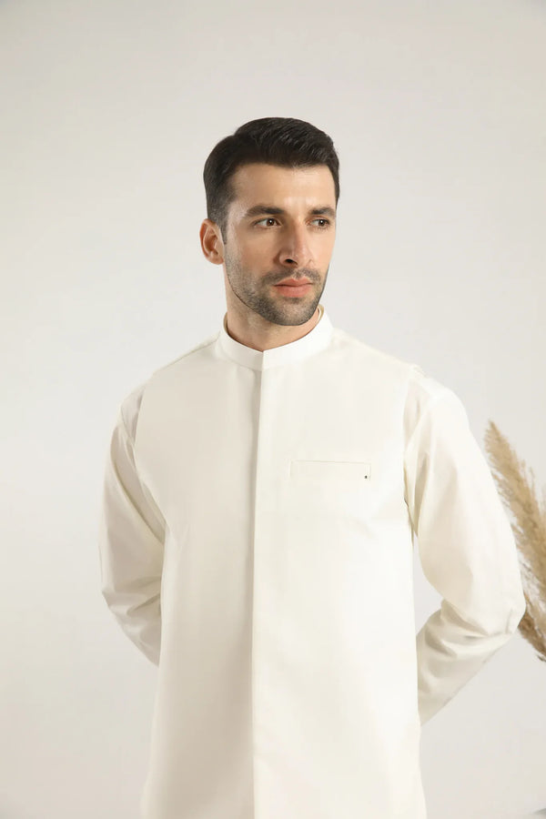 Muraqsh Ready To Wear Solids Bosky Men Bosky White Kurta Shalwar with Beige Suiting Waistcoat Straight Cut MUR-BWKSW-KT - Summer Collection