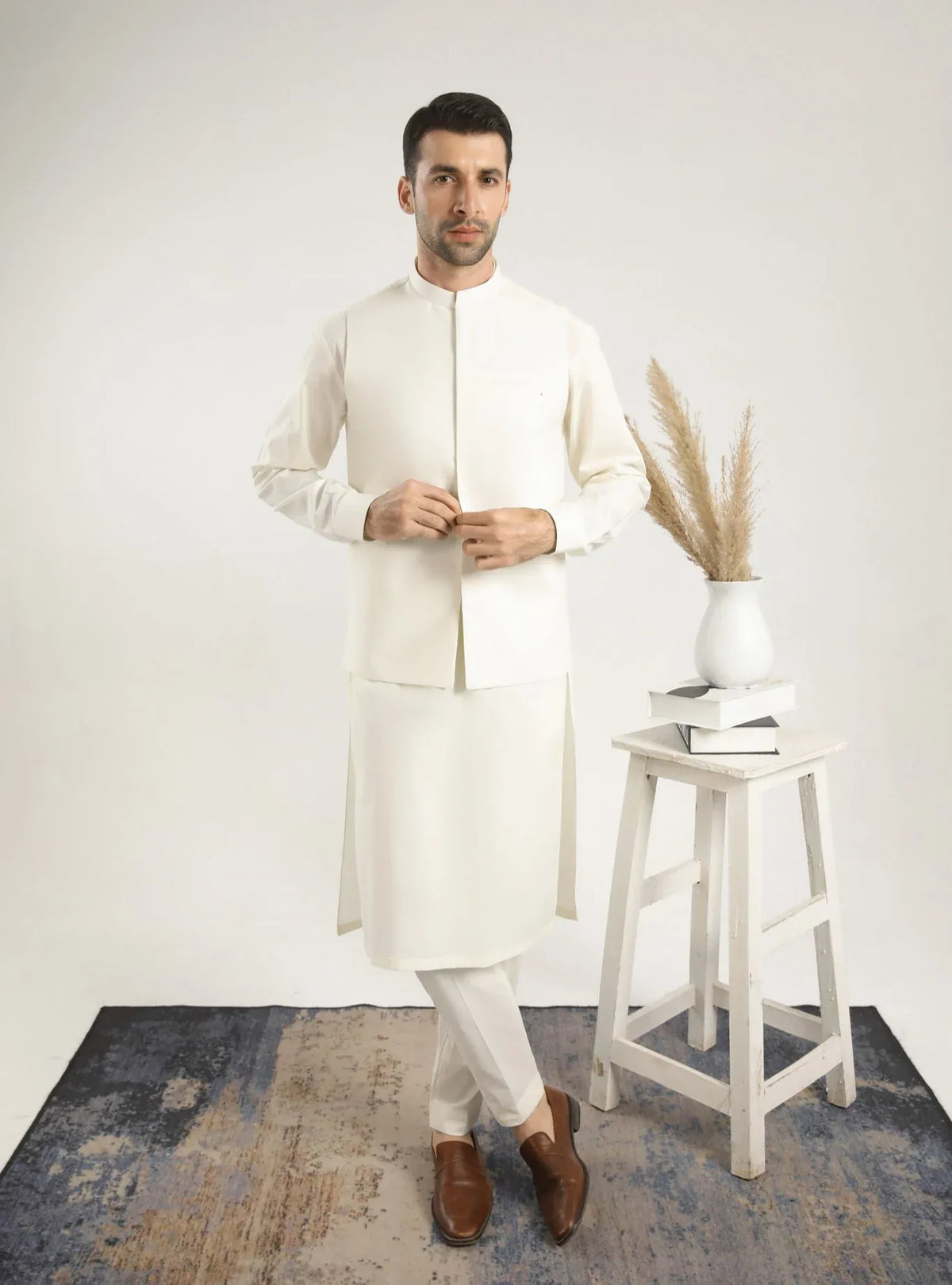 Muraqsh Ready To Wear Embroidered Bosky Men Andaz Bosky White Kurta Trouser MUR-A-BWR - Winter Collection
