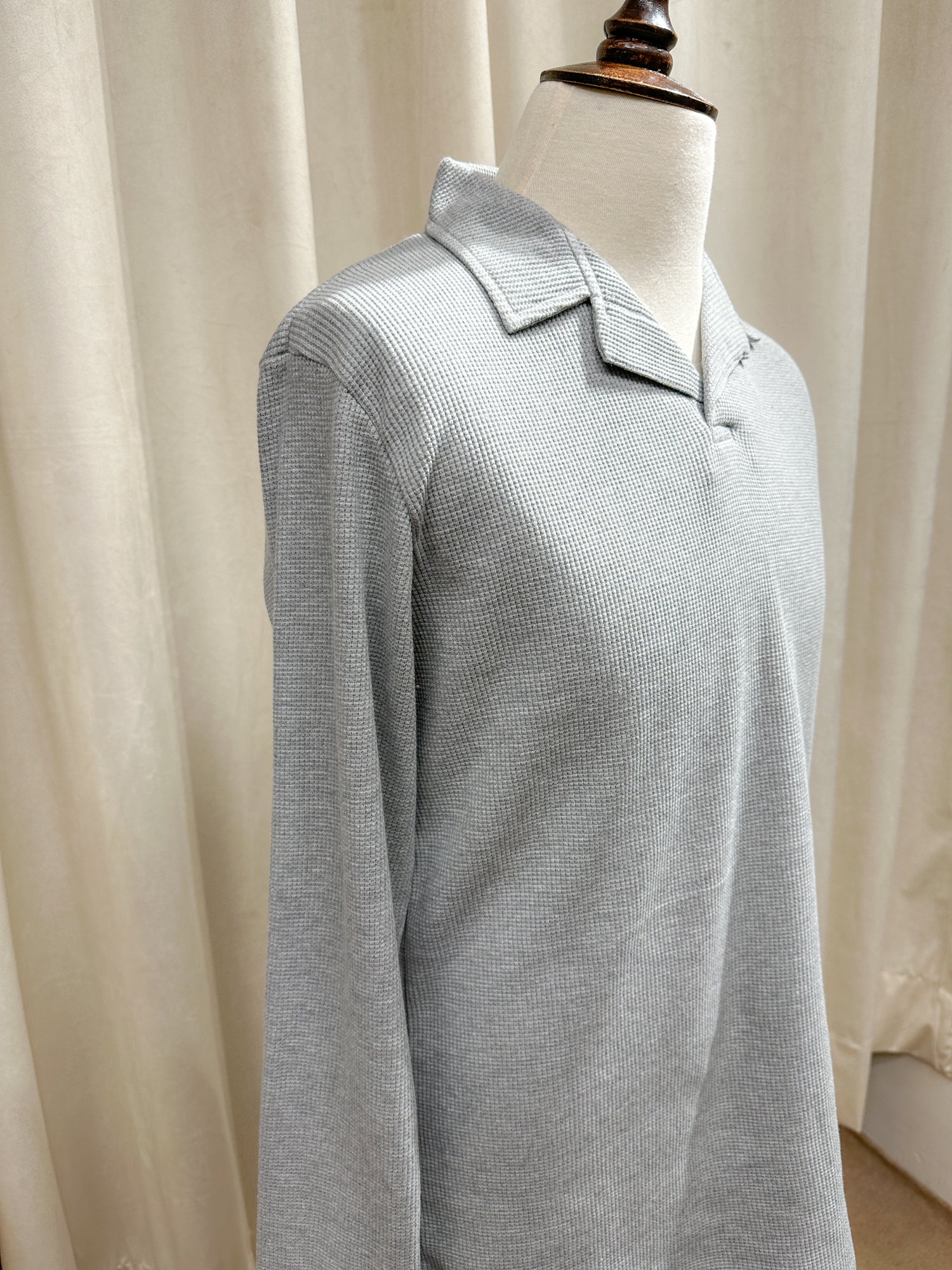 Light Grey Waffle Textured Revere Polo - Full Sleeves