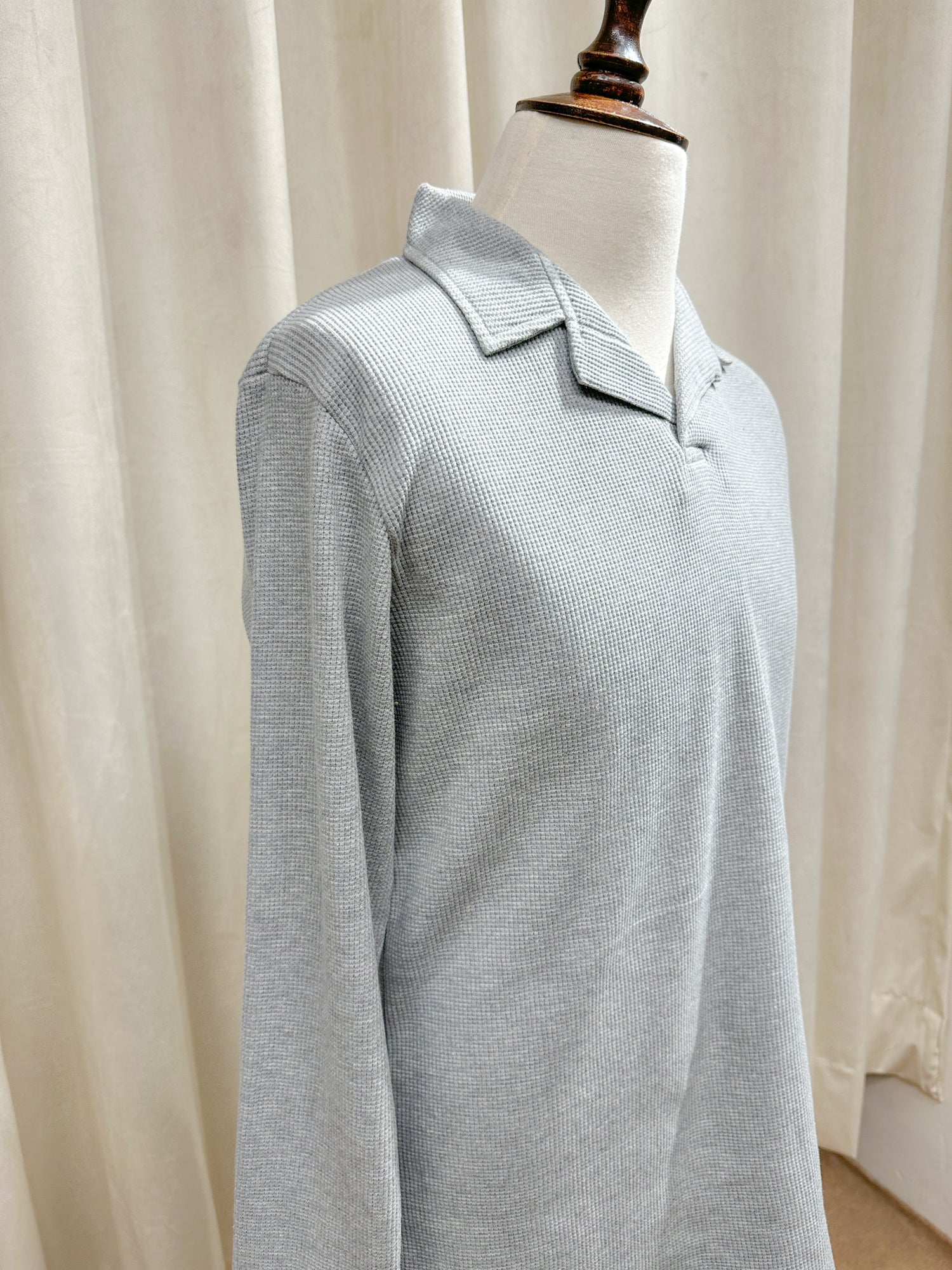 Light Grey Waffle Textured Revere Polo - Full Sleeves