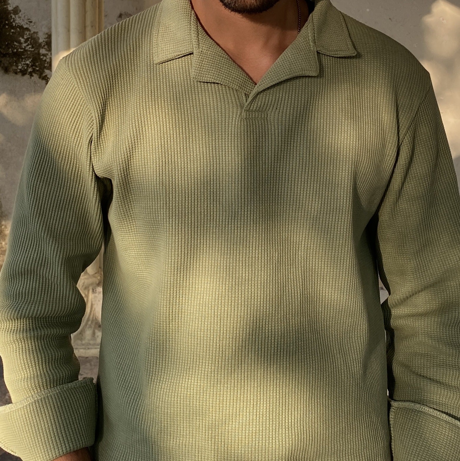 Mint Waffle Textured Revere Polo - Full Sleeves