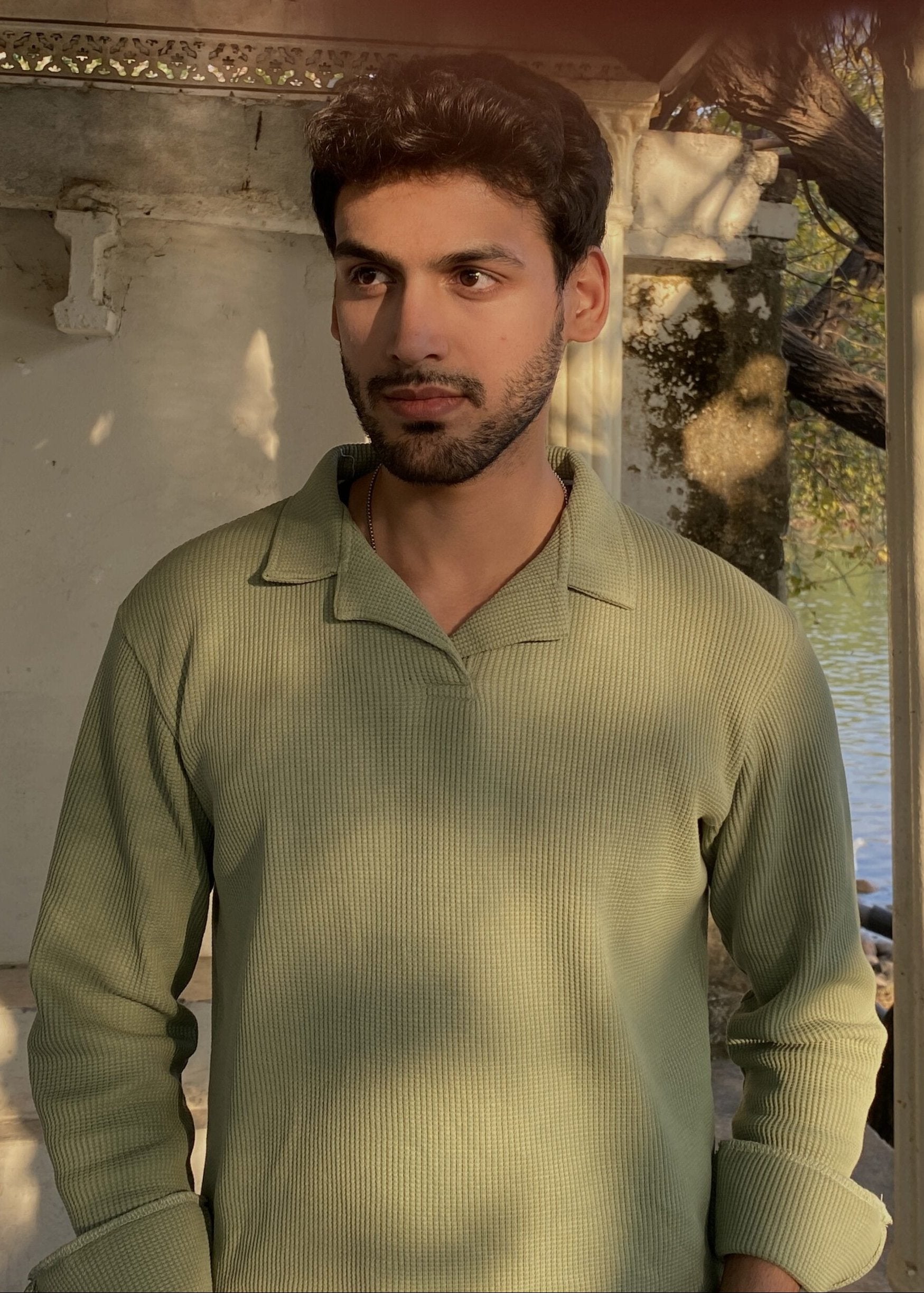 Mint Waffle Textured Revere Polo - Full Sleeves