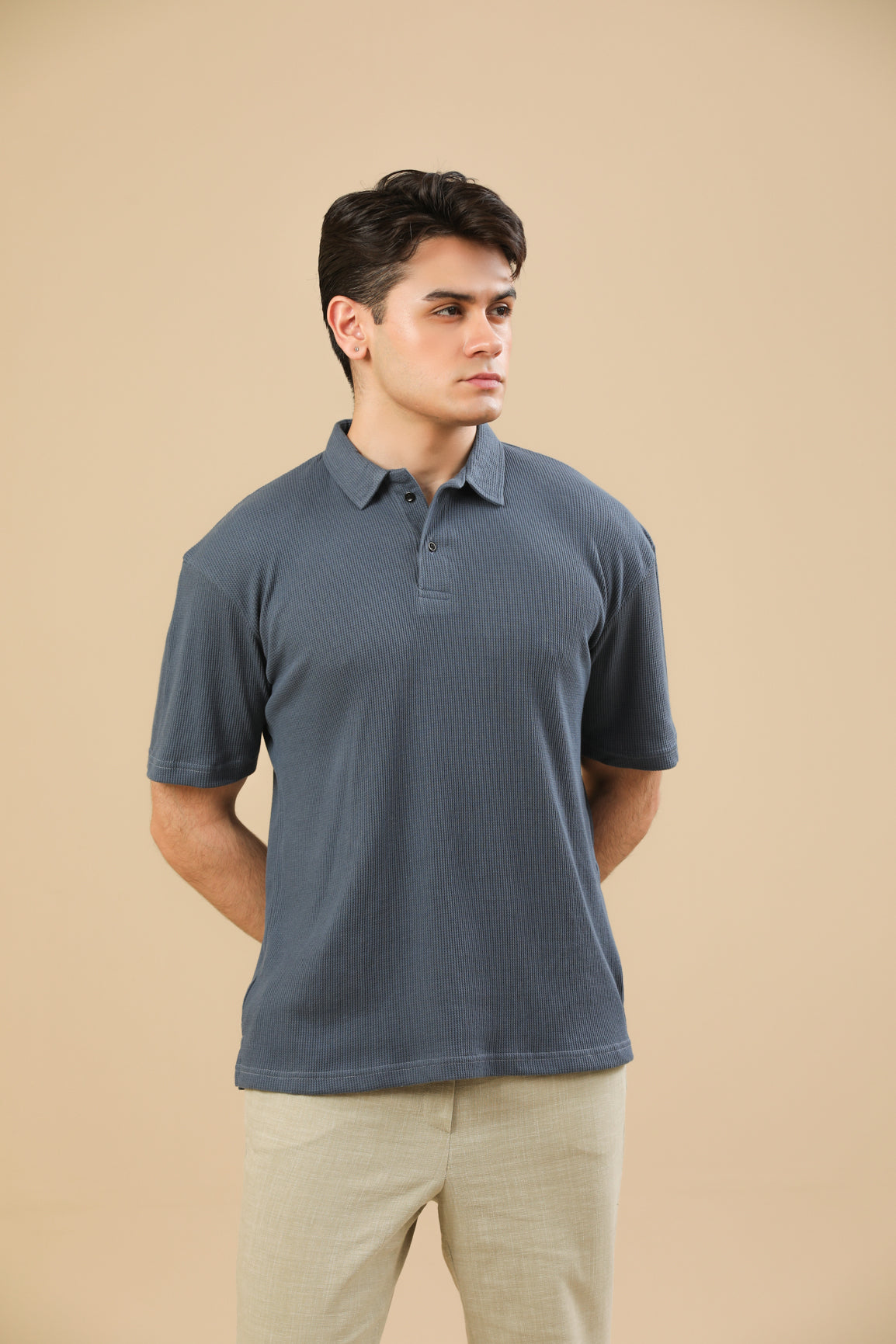Midnight Blue Oversized Waffle Polo - Men