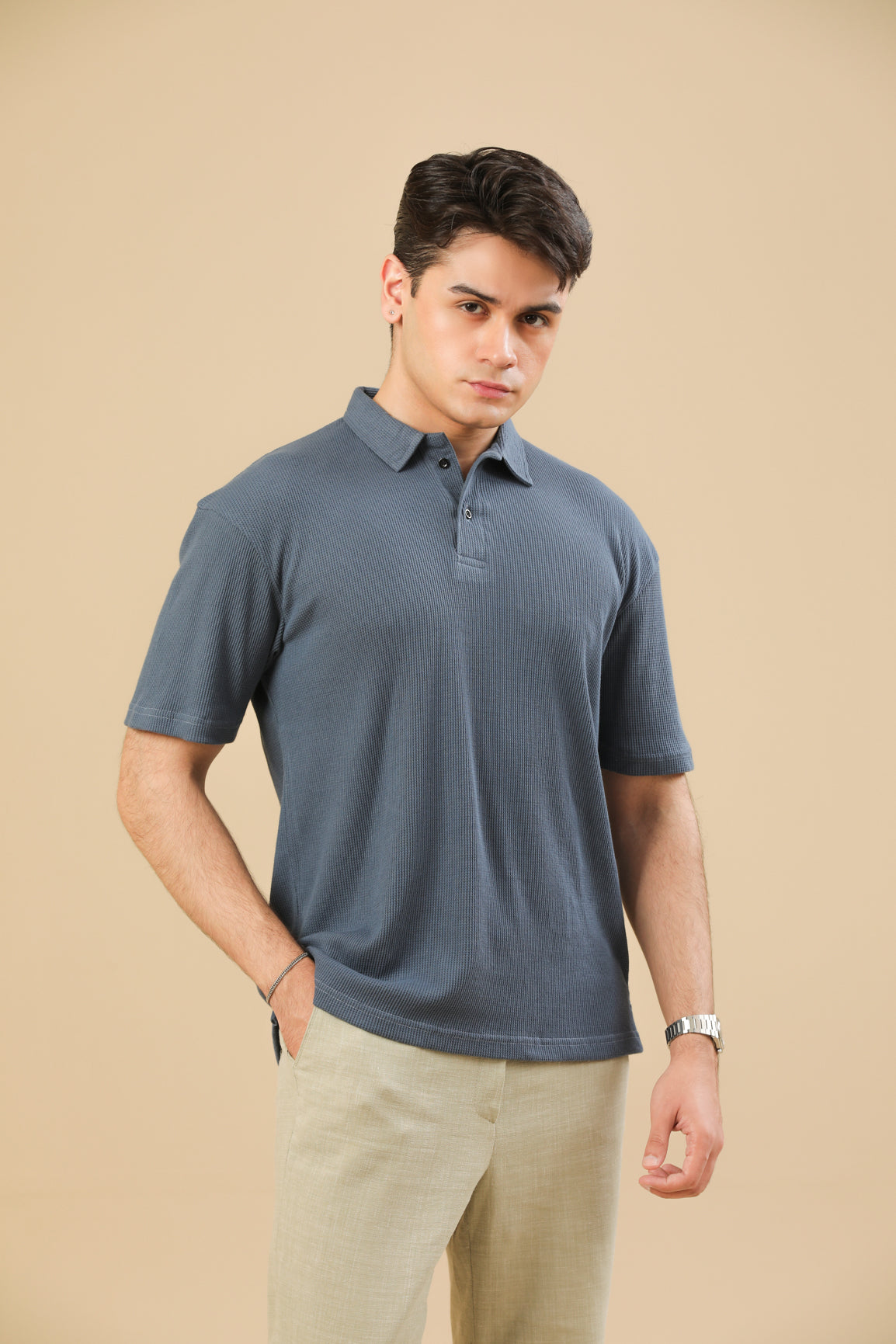 Midnight Blue Oversized Waffle Polo - Men