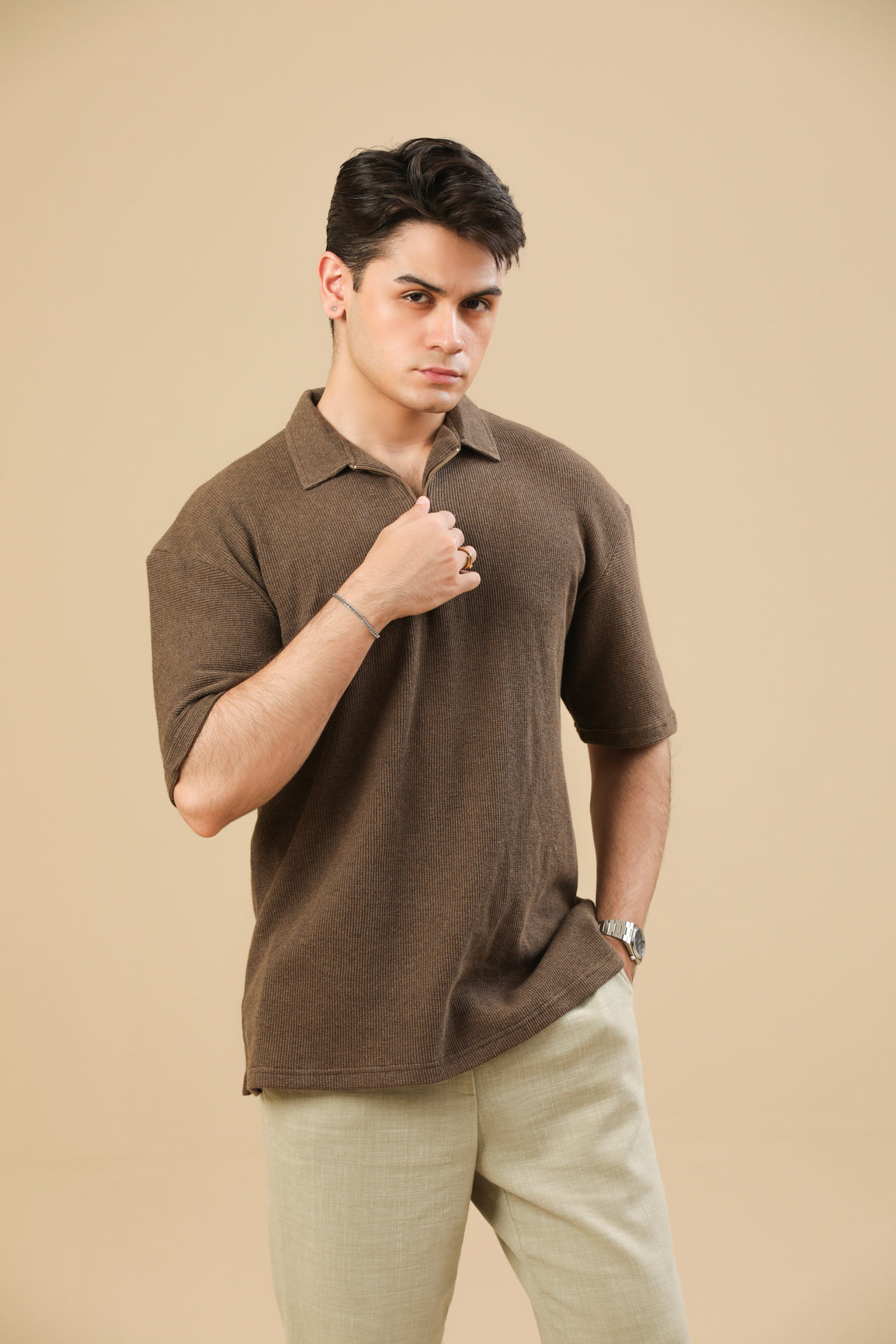 Coffee Brown Oversized Waffle Zipper Polo - Men