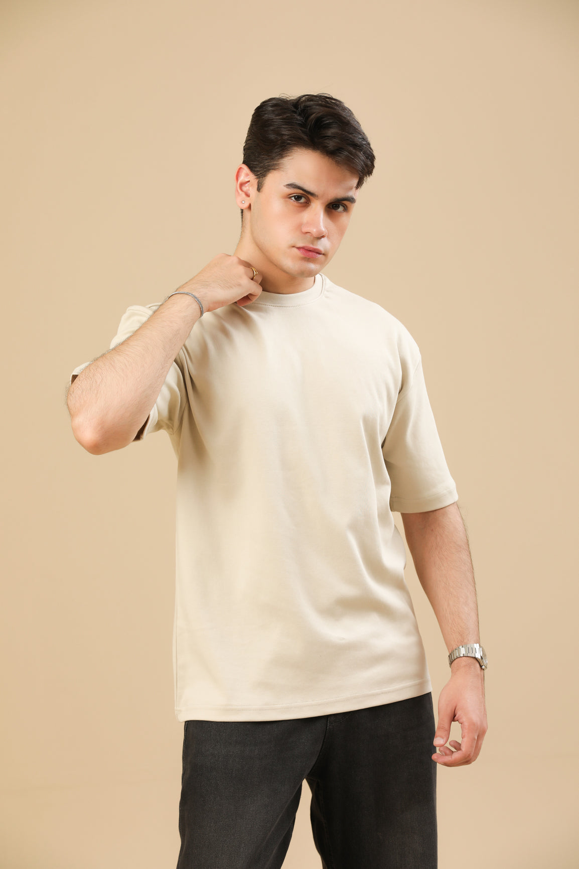 Beige Interlock Oversized Tee - Men