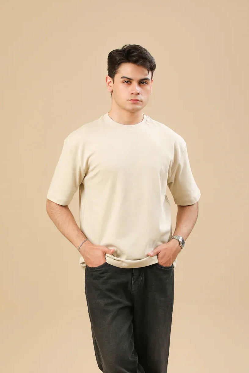 Beige Interlock Oversized Tee - Men - Muraqsh -- Men Western
