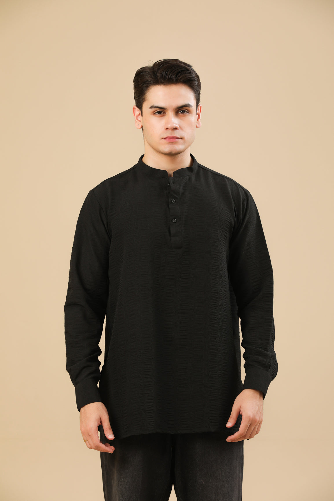 Black Textured Short Kurta - Men