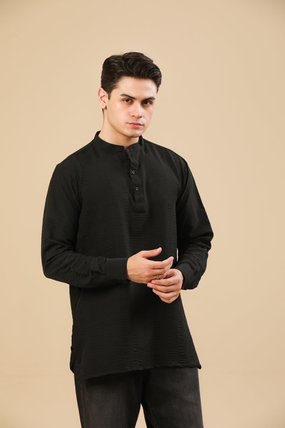 Black Textured Short Kurta - Men