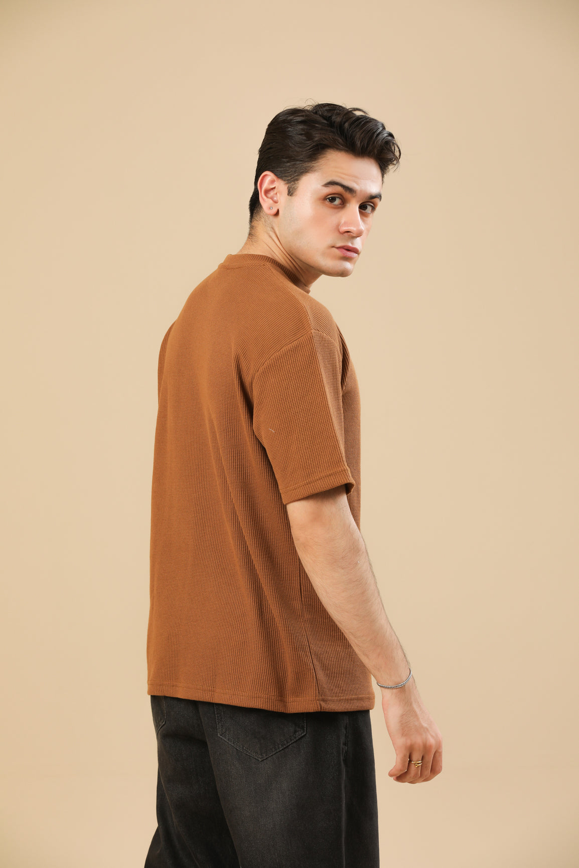 Camel Brown Waffle Oversized T-Shirt - Men