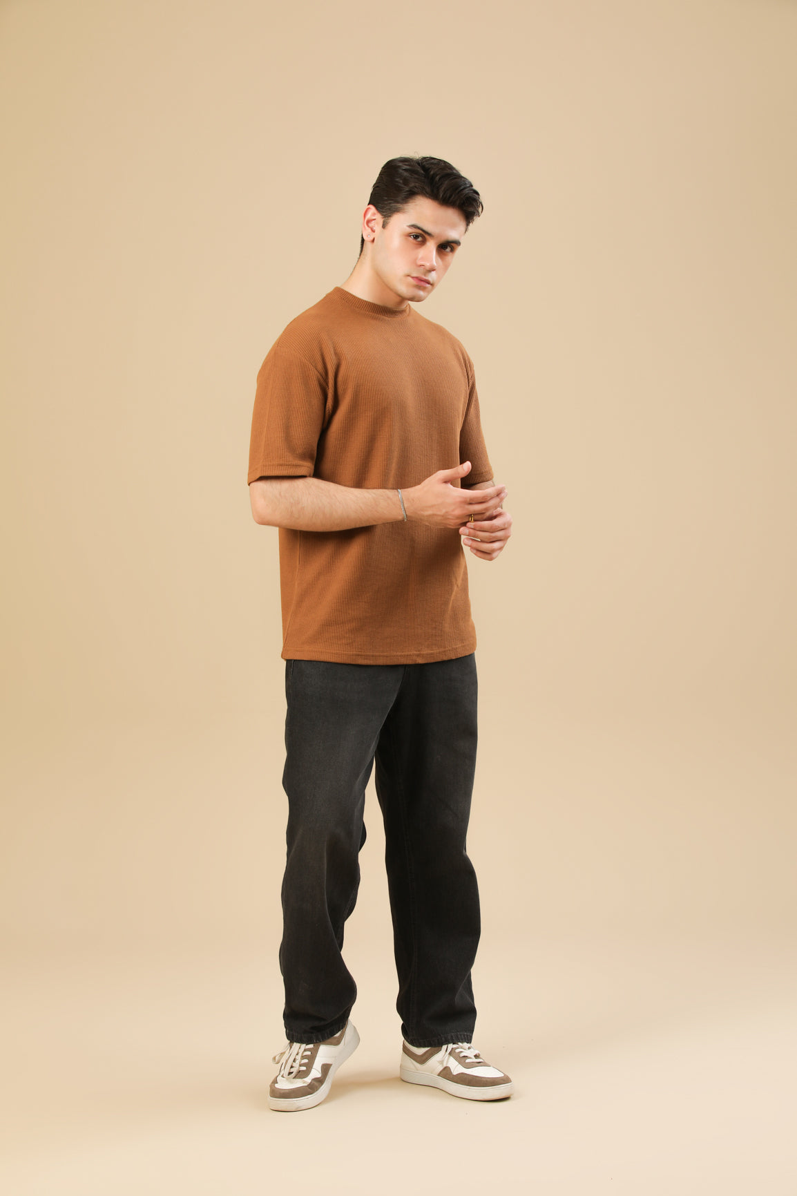 Camel Brown Waffle Oversized T-Shirt - Men