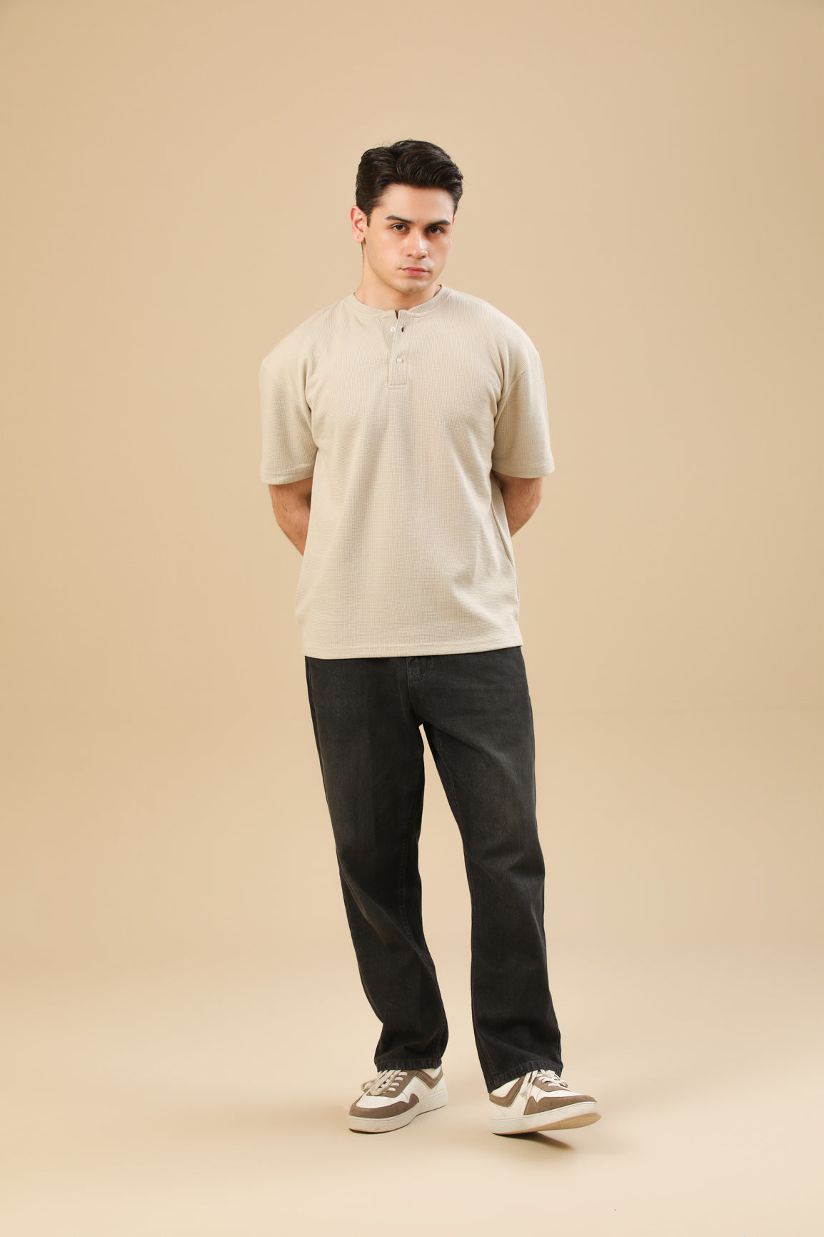 Beige White Waffle Oversized Henley - Men