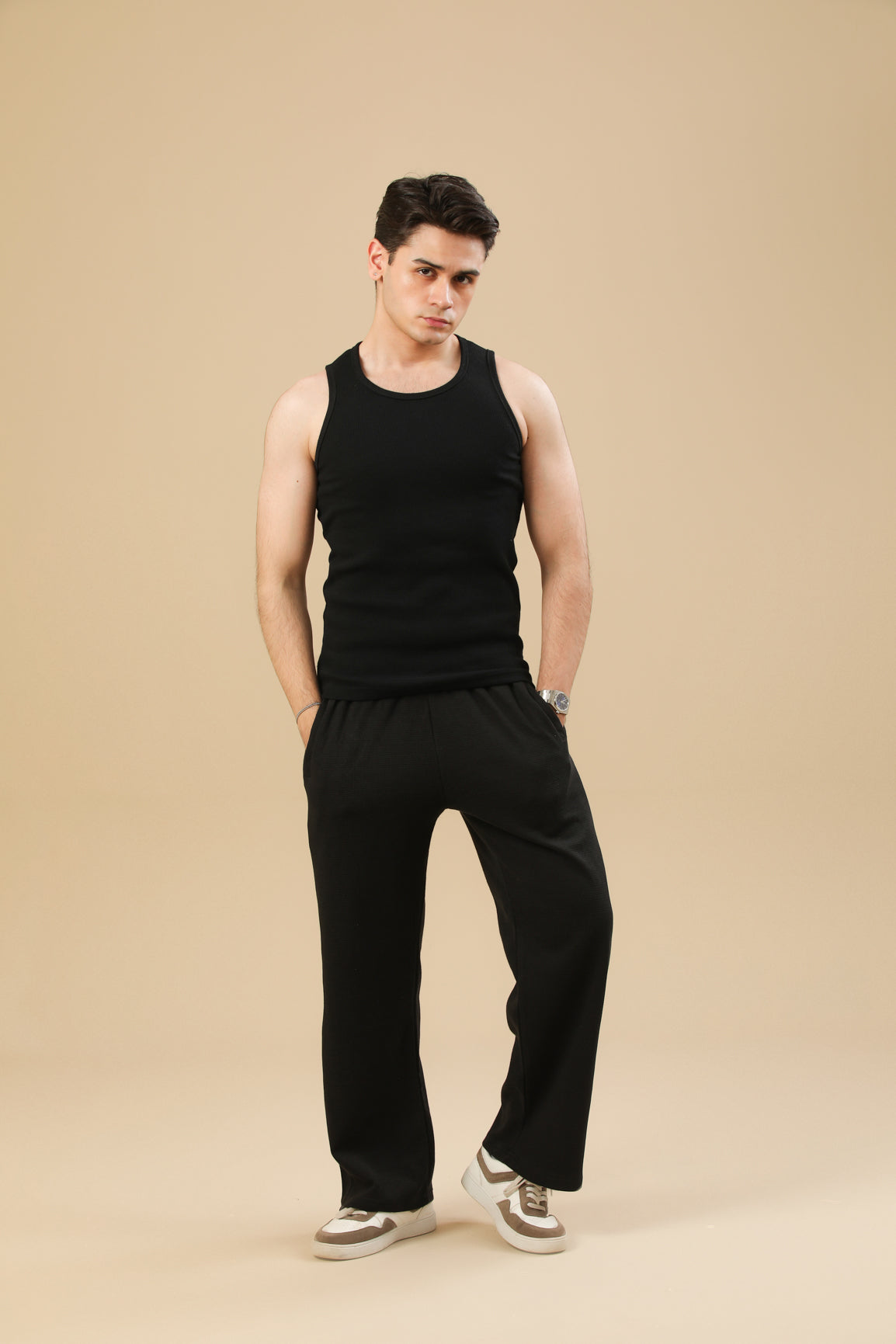 Black Drop needle Loose Fit Pants with Drawstring - Men