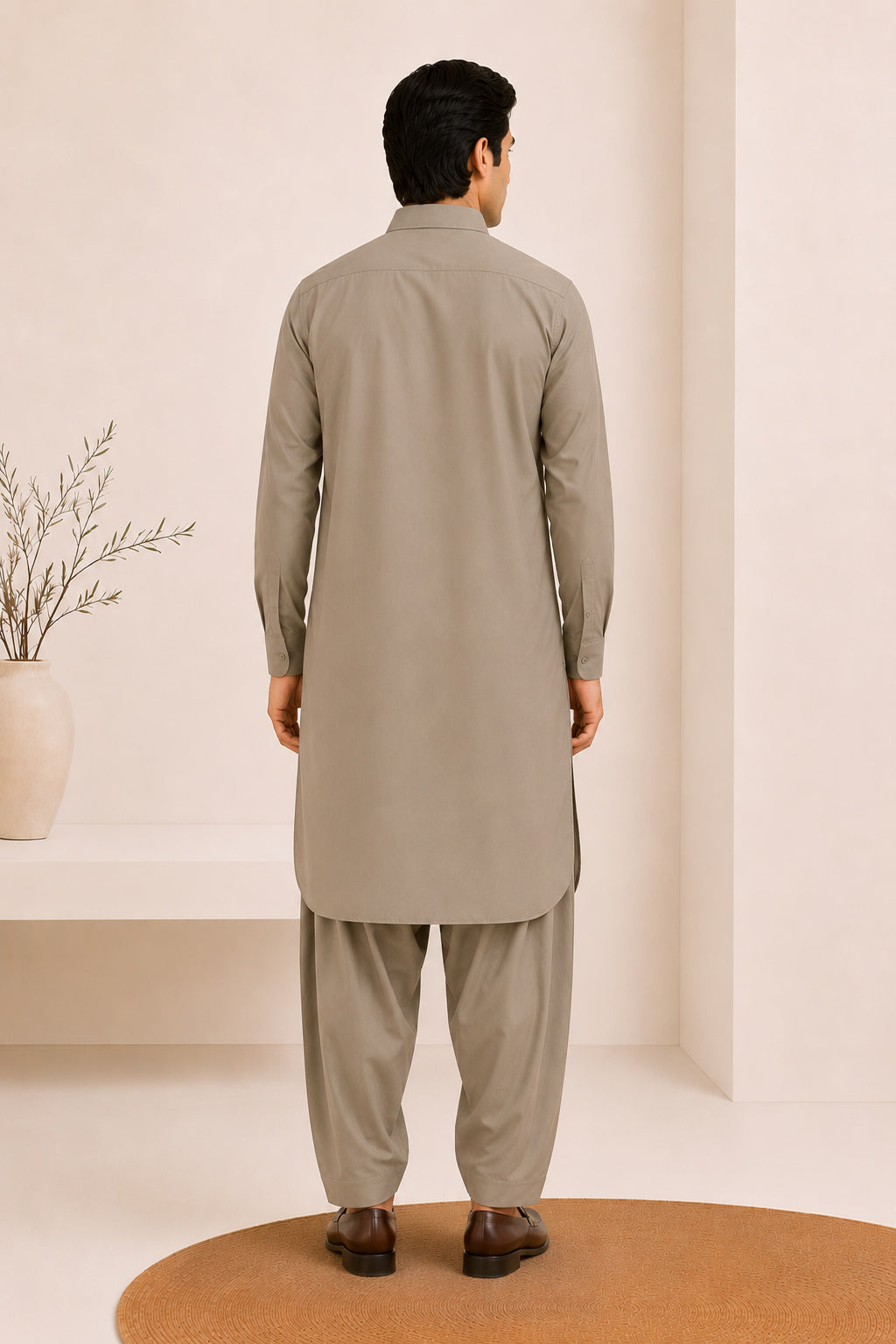 Sand Beige French Collar Kameez Shalwar - Men