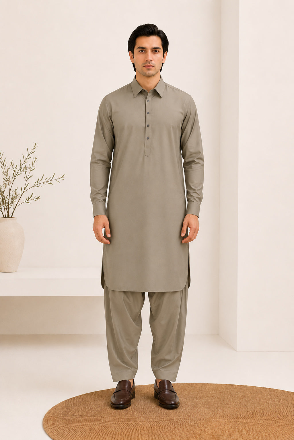 Sand Beige French Collar Kameez Shalwar - Men