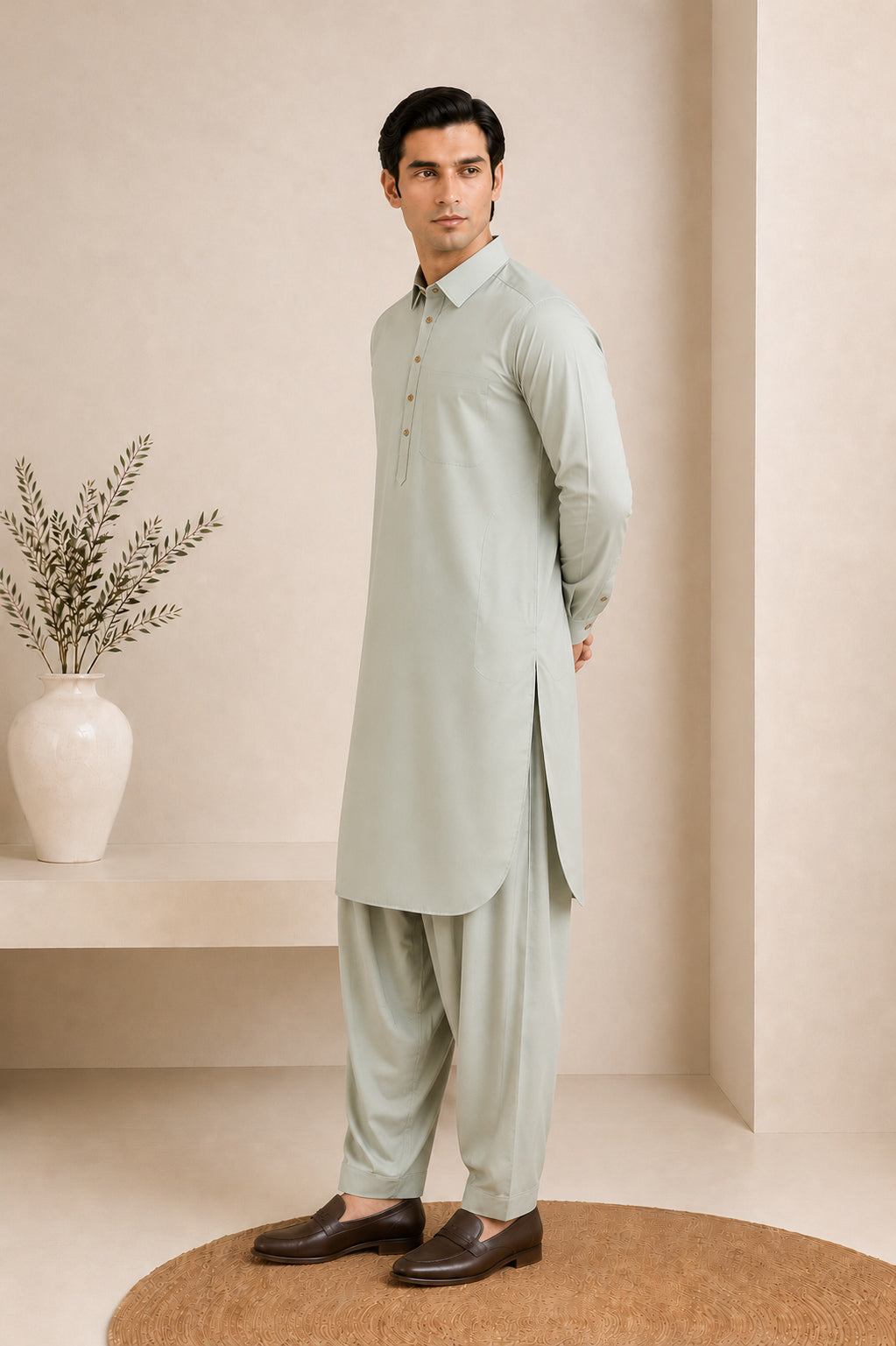 Ash Mint French Collar Kameez Shalwar - Men