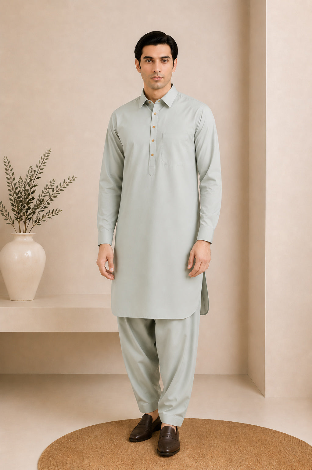 Ash Mint French Collar Kameez Shalwar - Men