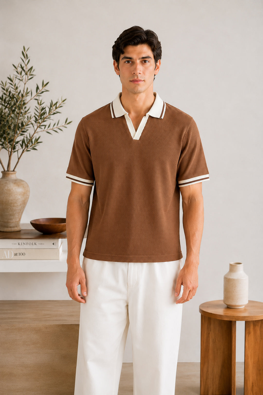 Camel Waffle Johnny Collar Polo - Smart Fit  - Men - Men