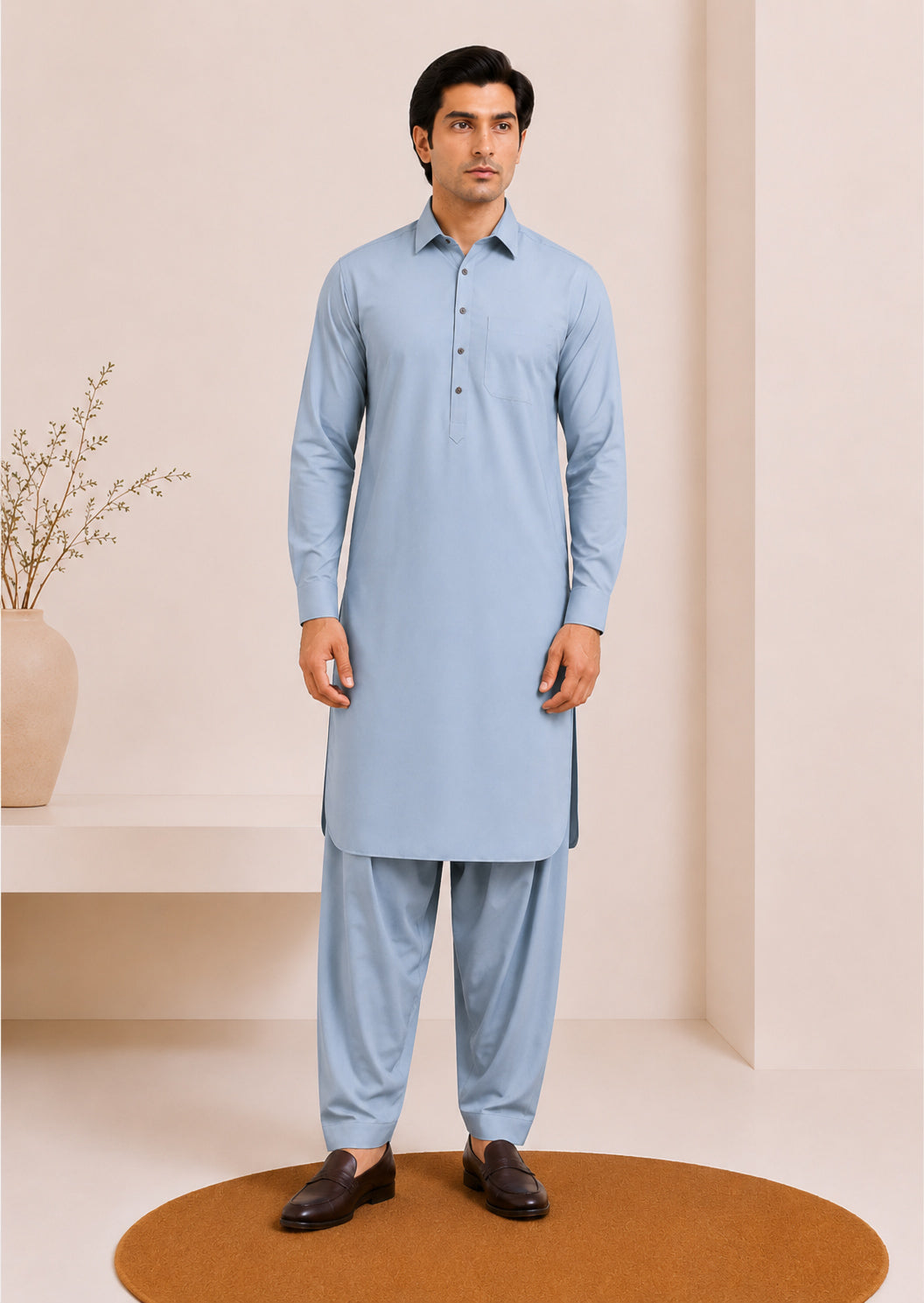 Powder Blue French Collar Kameez Shalwar - Men