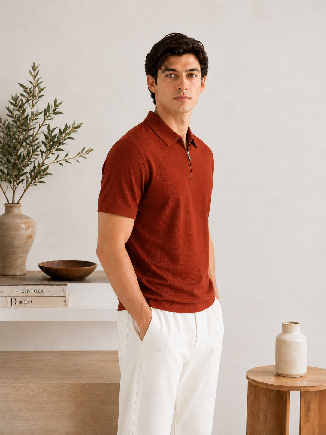 Rust Orange Waffle Zipper Polo - Men