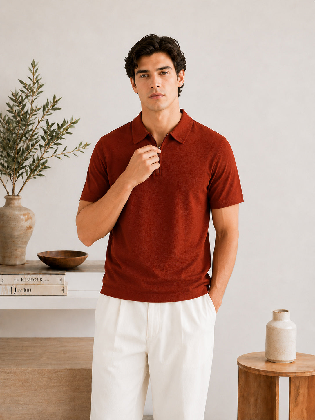 Rust Orange Waffle Zipper Polo - Men